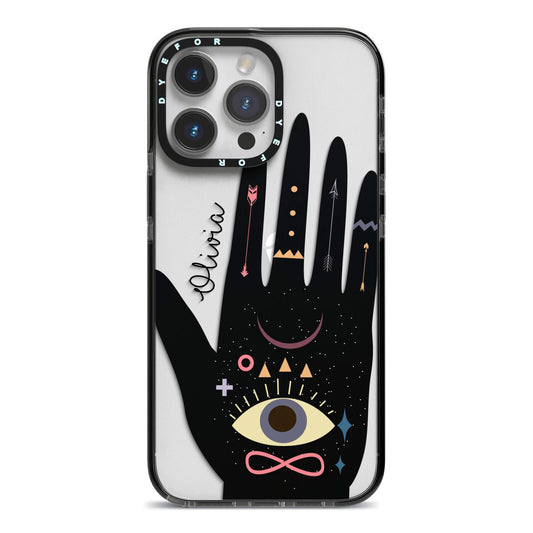 Celestial Hand with Text iPhone 14 Pro Max Black Impact Case on Silver phone
