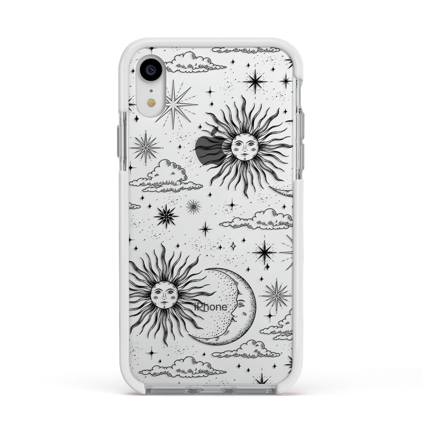 Celestial Suns Clouds Apple iPhone XR Impact Case White Edge on Silver Phone