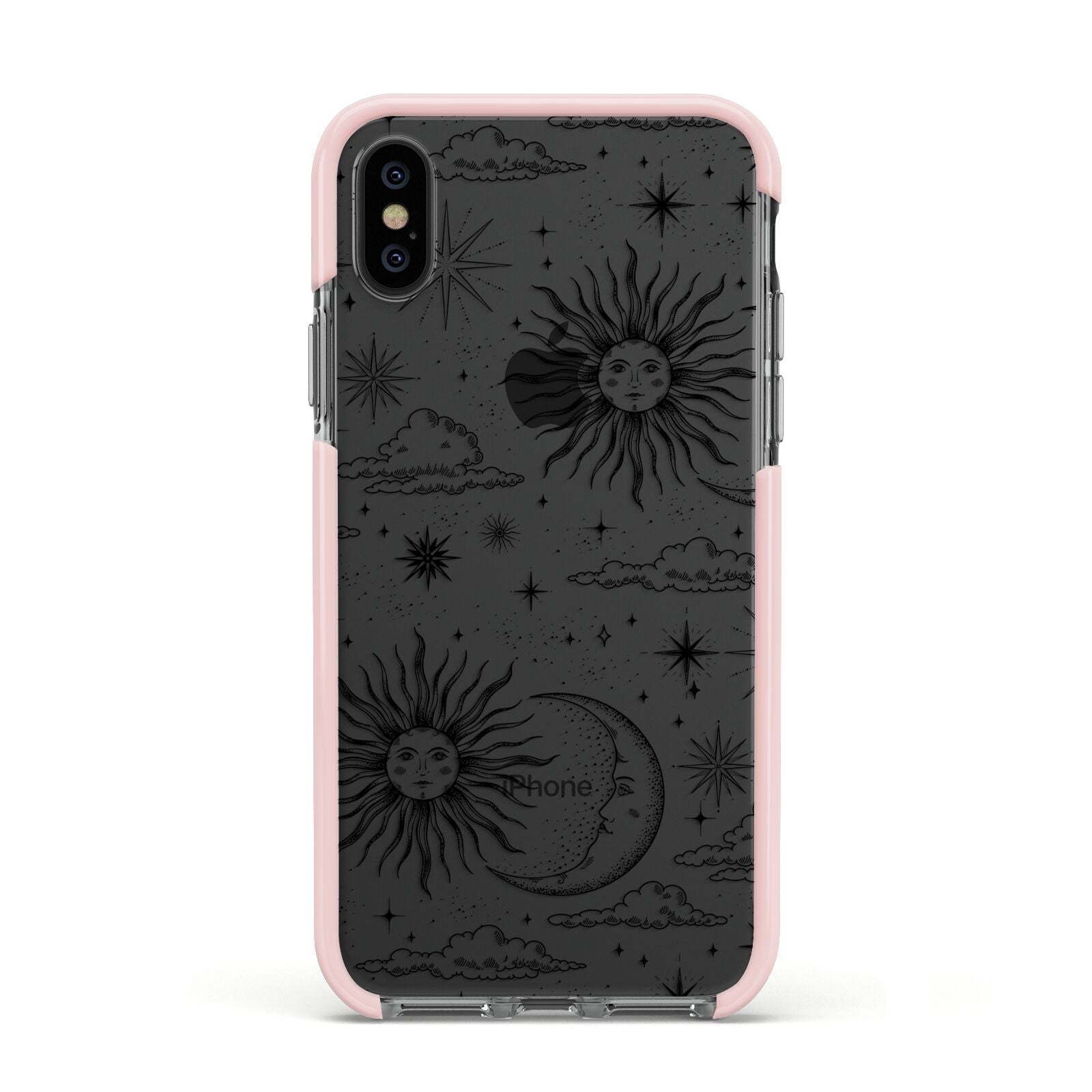 Celestial Suns Clouds Apple iPhone Xs Impact Case Pink Edge on Black Phone