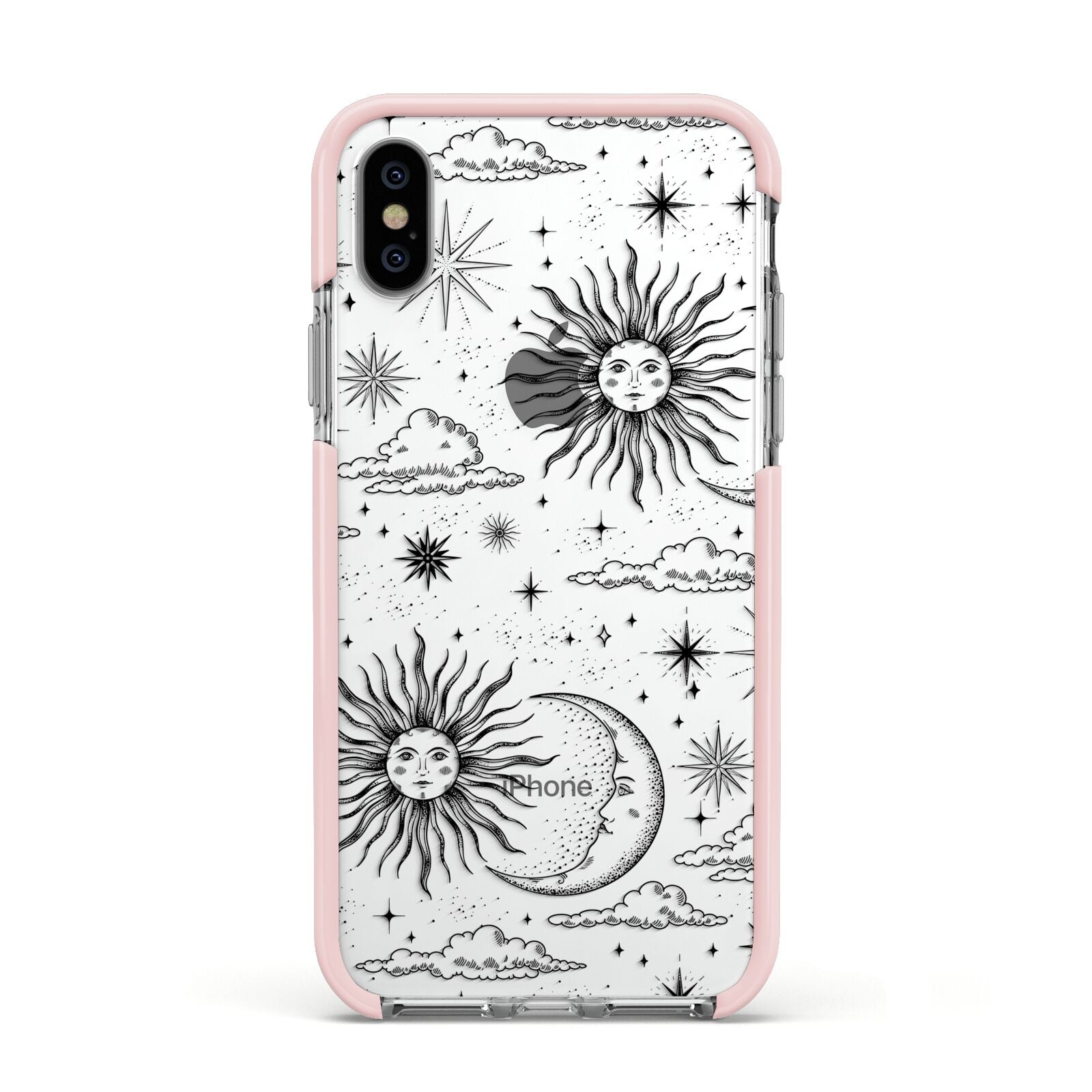 Celestial Suns Clouds Apple iPhone Xs Impact Case Pink Edge on Silver Phone
