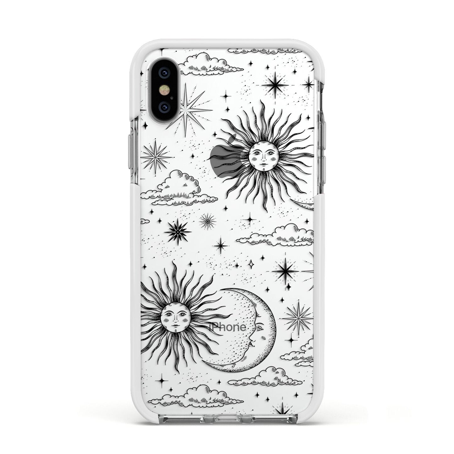 Celestial Suns Clouds Apple iPhone Xs Impact Case White Edge on Silver Phone