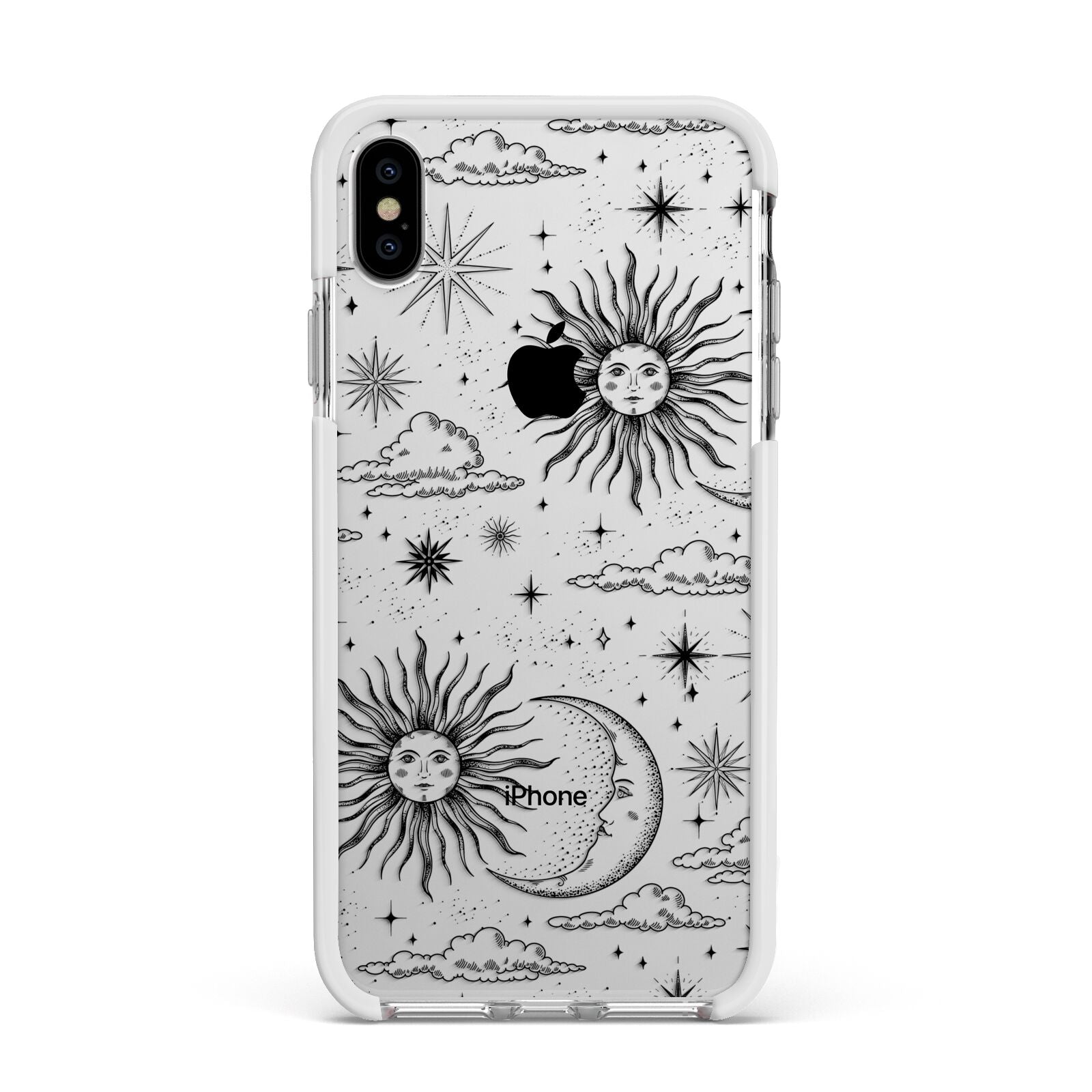 Celestial Suns Clouds Apple iPhone Xs Max Impact Case White Edge on Silver Phone
