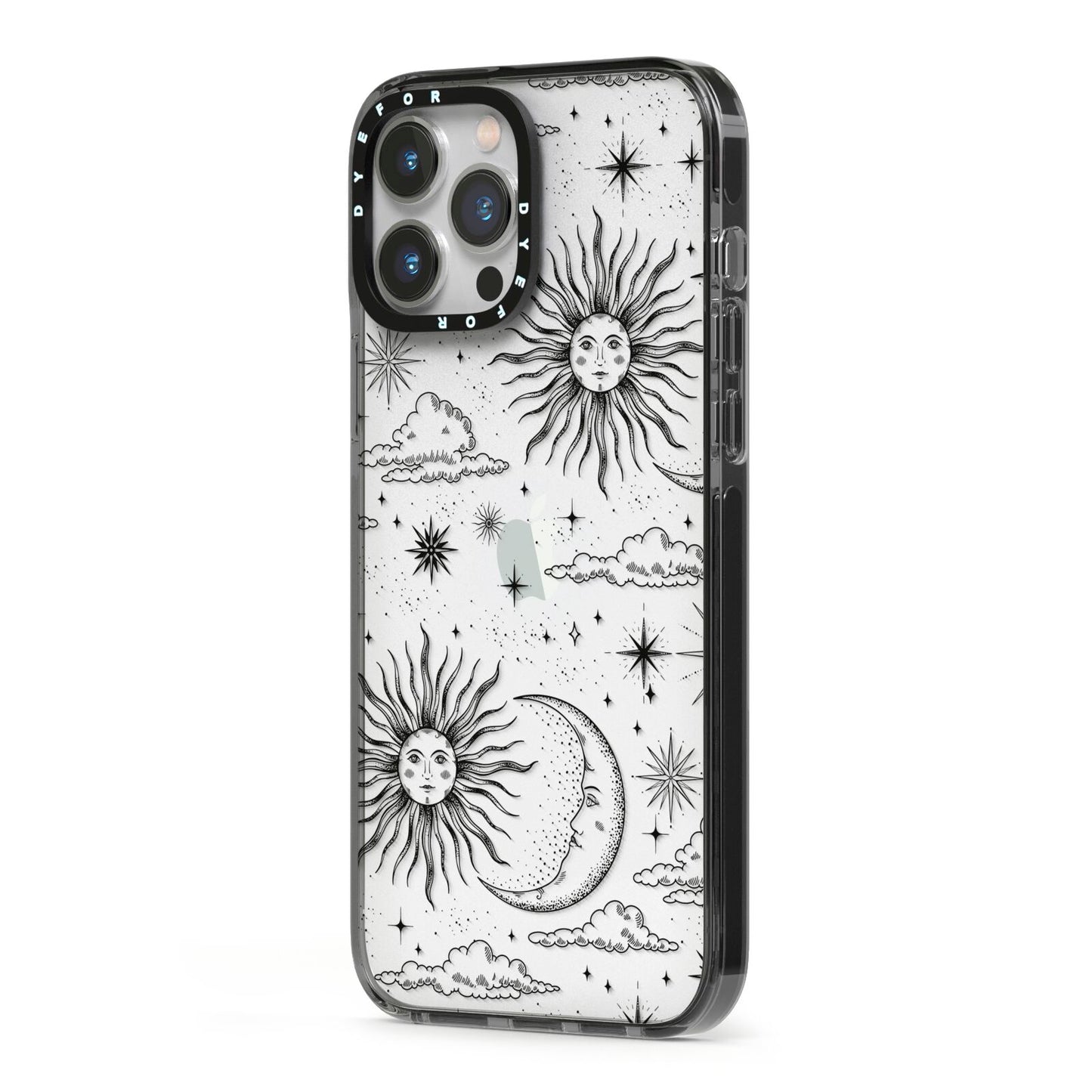Celestial Suns Clouds iPhone 13 Pro Max Black Impact Case Side Angle on Silver phone
