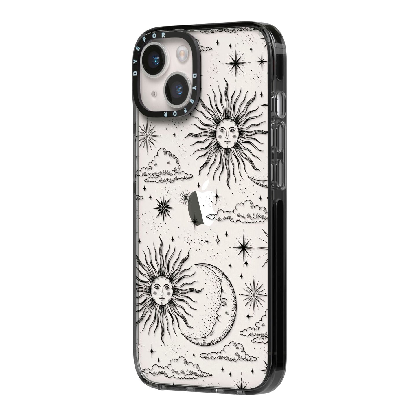 Celestial Suns Clouds iPhone 14 Black Impact Case Side Angle on Silver phone