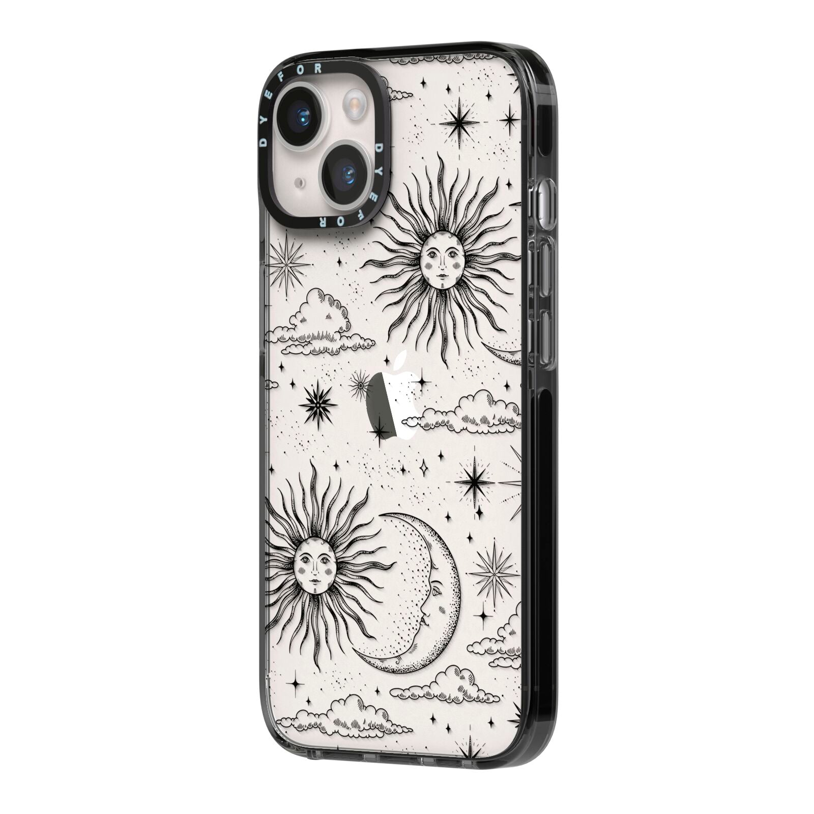 Celestial Suns Clouds iPhone 14 Black Impact Case Side Angle on Silver phone