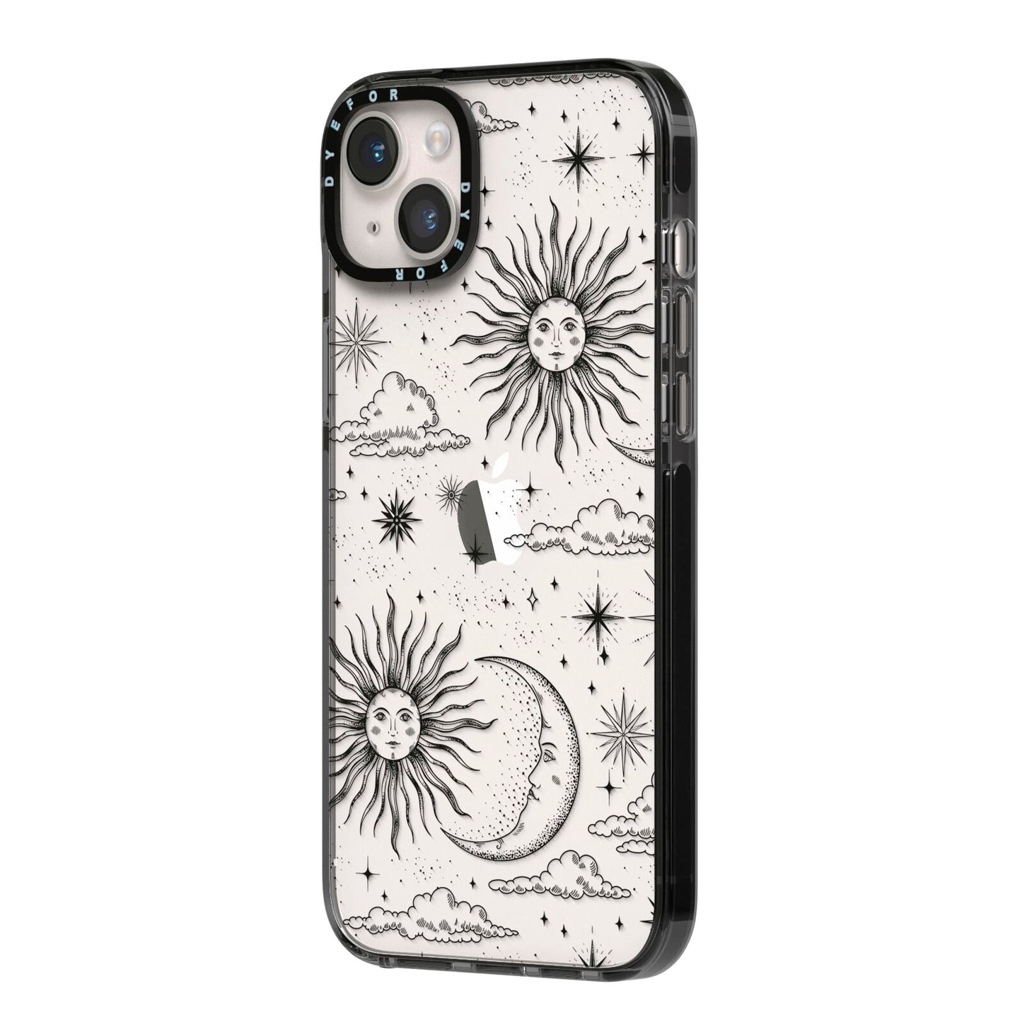 Celestial Suns Clouds iPhone 14 Plus Black Impact Case Side Angle on Silver phone