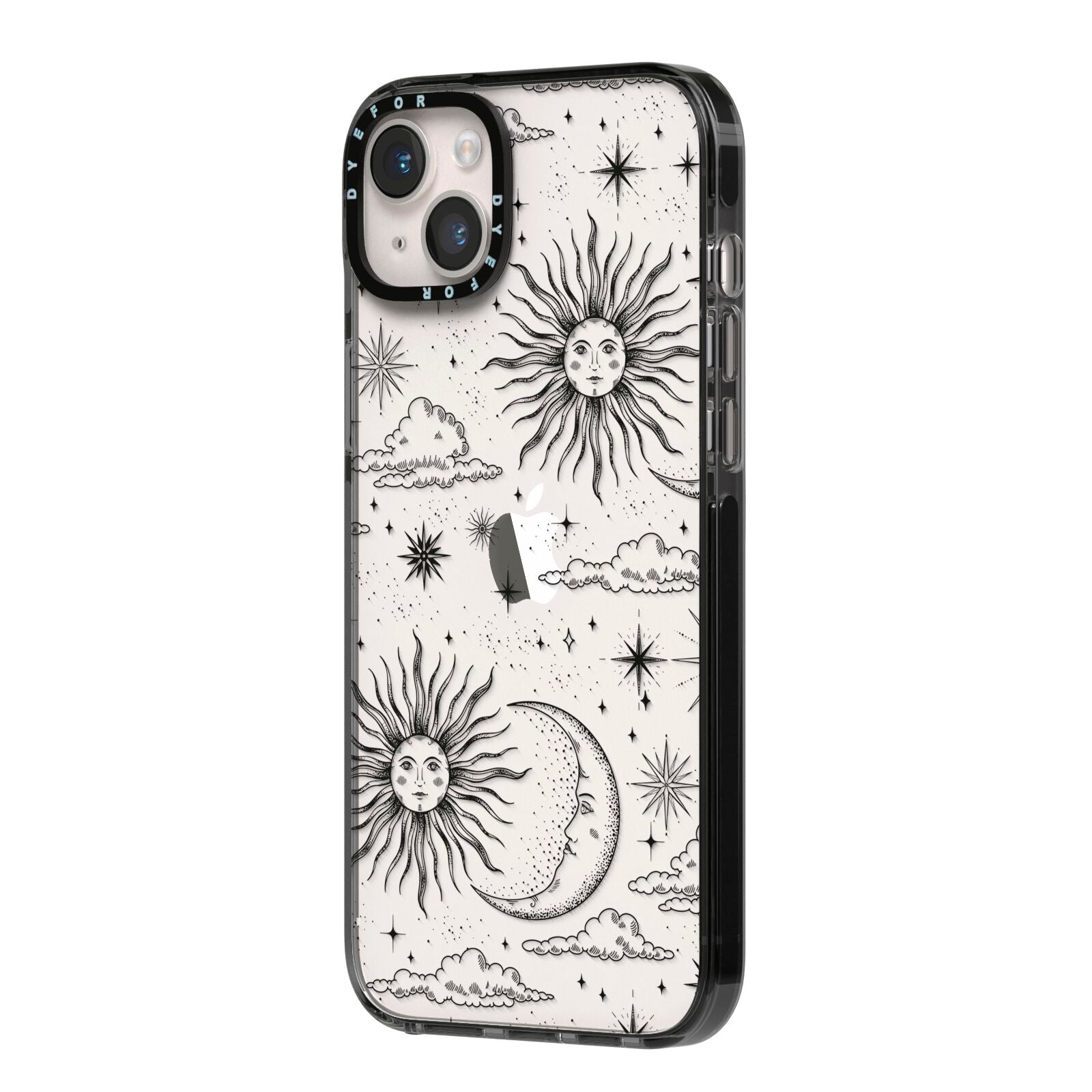 Celestial Suns Clouds iPhone 14 Plus Black Impact Case Side Angle on Silver phone