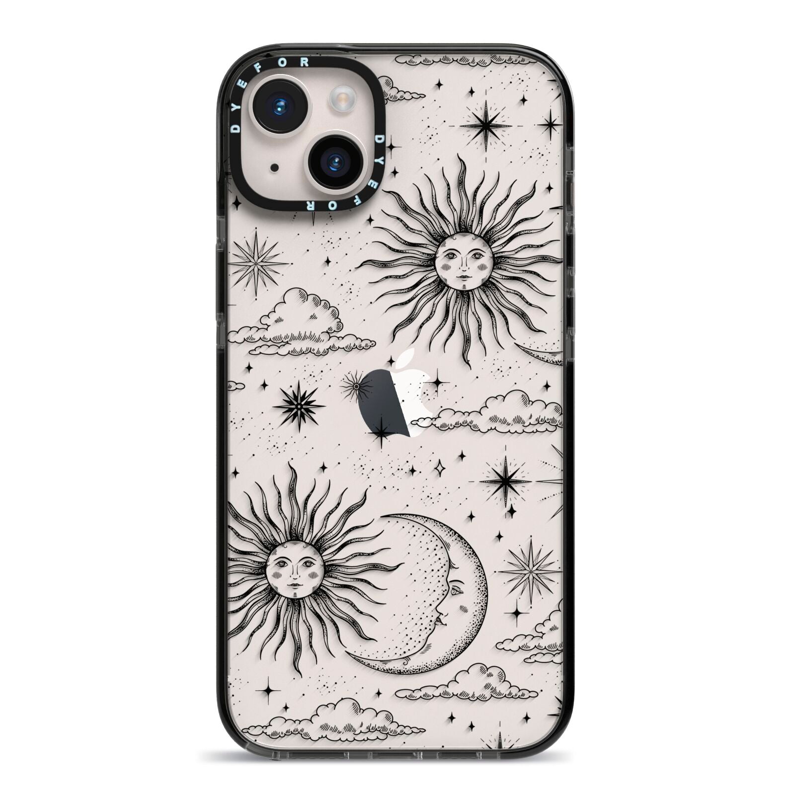 Celestial Suns Clouds iPhone 14 Plus Black Impact Case on Silver phone