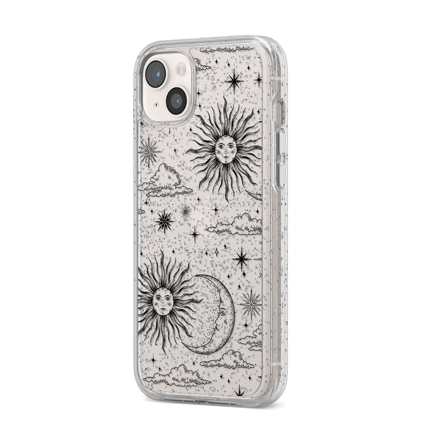 Celestial Suns Clouds iPhone 14 Plus Glitter Tough Case Starlight Angled Image