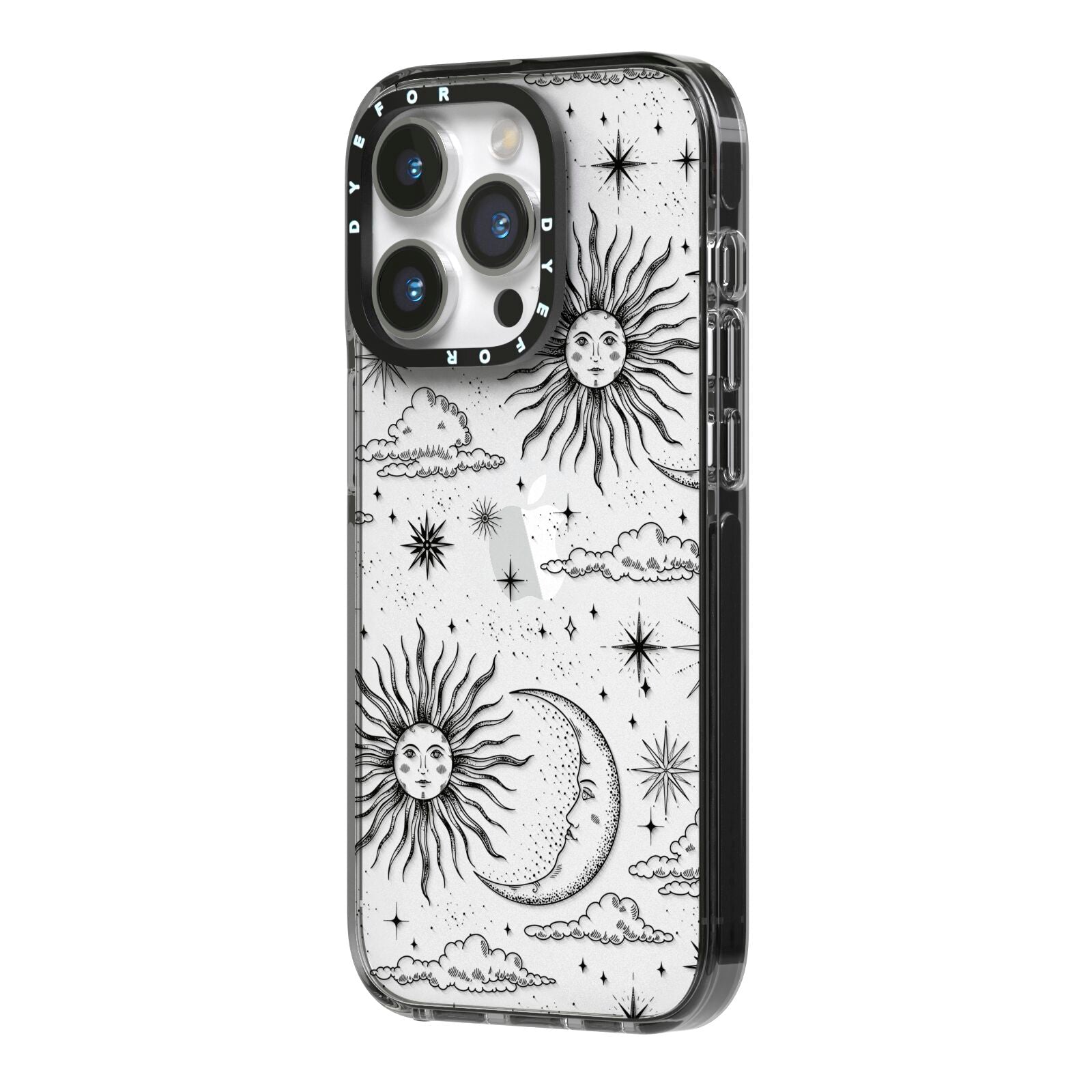 Celestial Suns Clouds iPhone 14 Pro Black Impact Case Side Angle on Silver phone