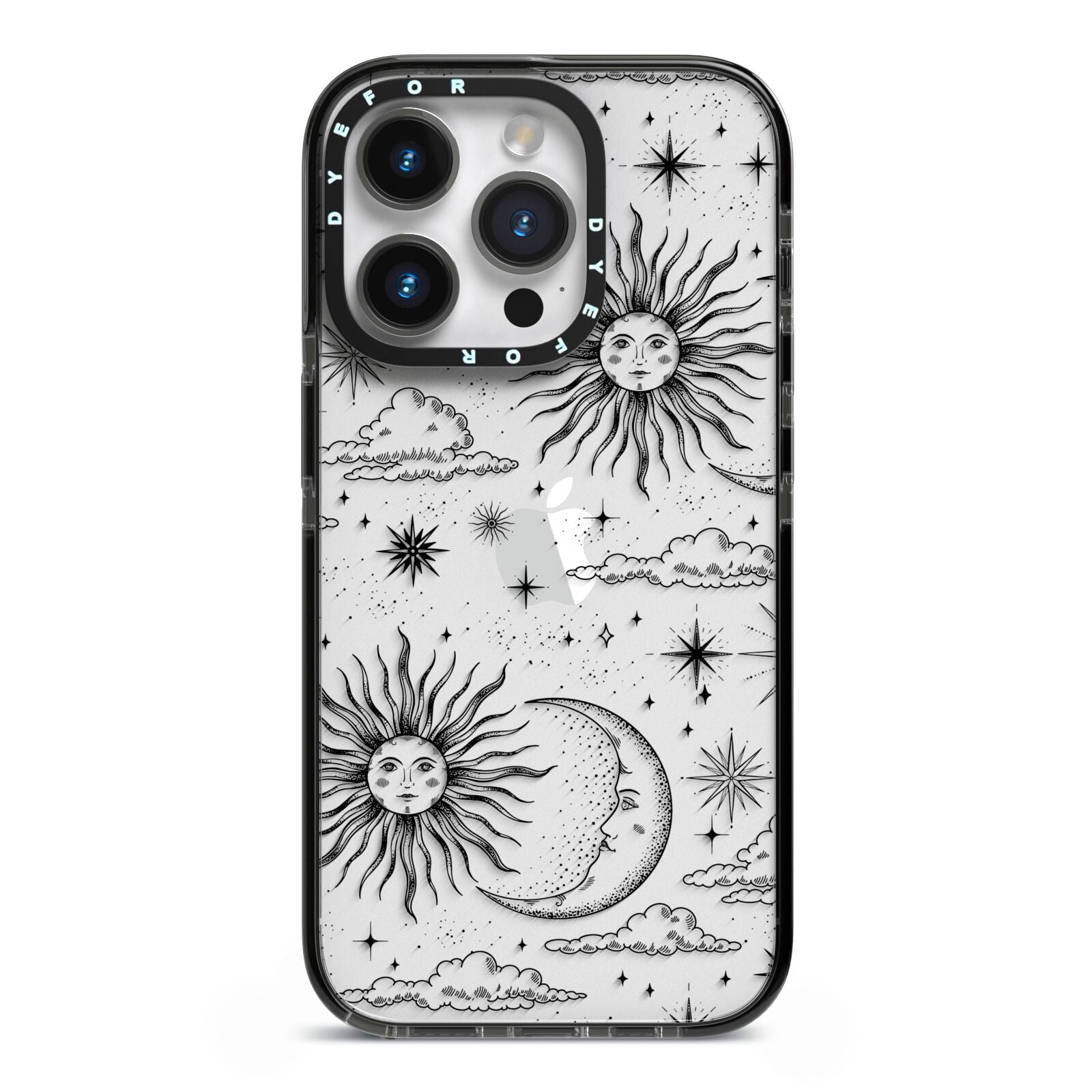 Celestial Suns Clouds iPhone 14 Pro Black Impact Case on Silver phone