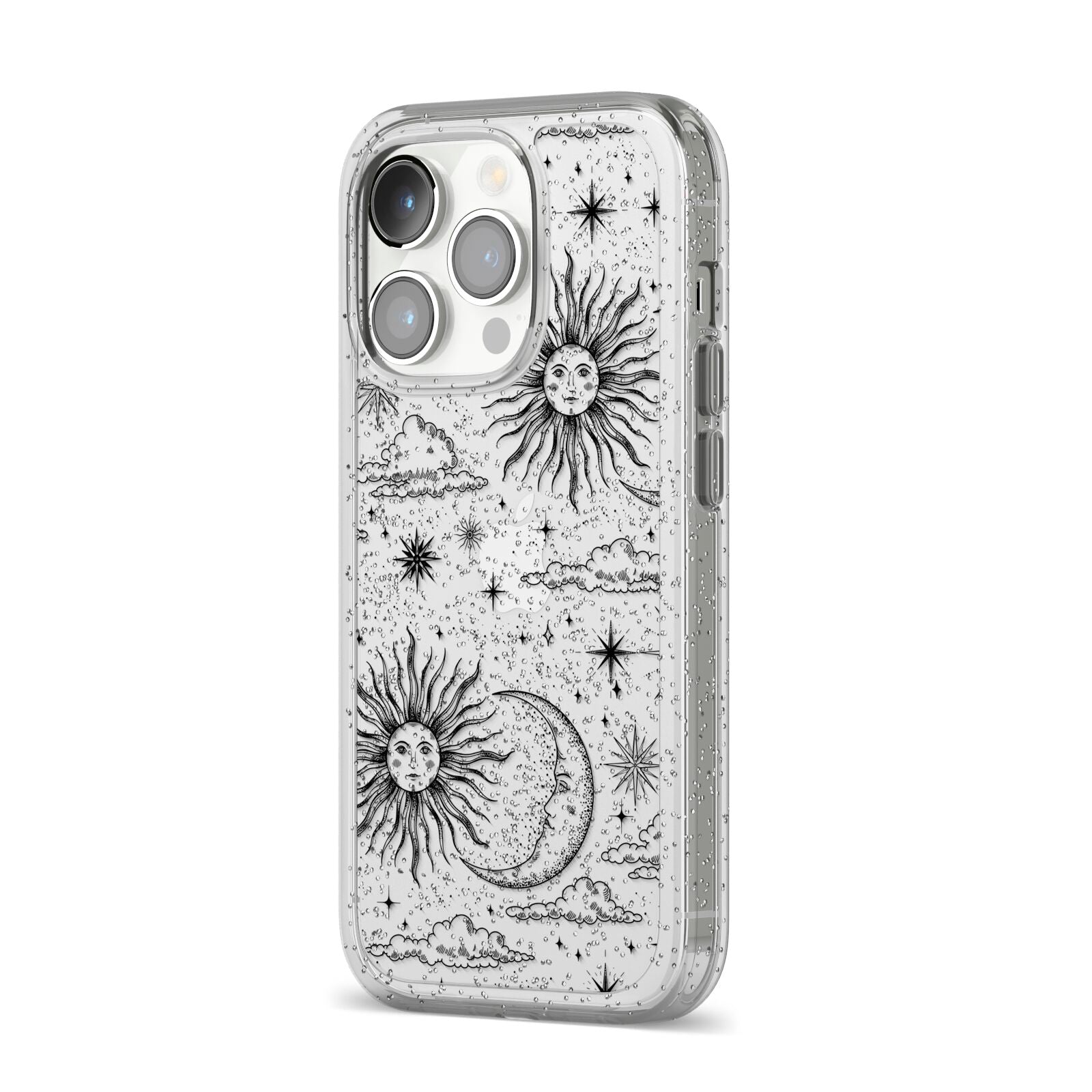 Celestial Suns Clouds iPhone 14 Pro Glitter Tough Case Silver Angled Image