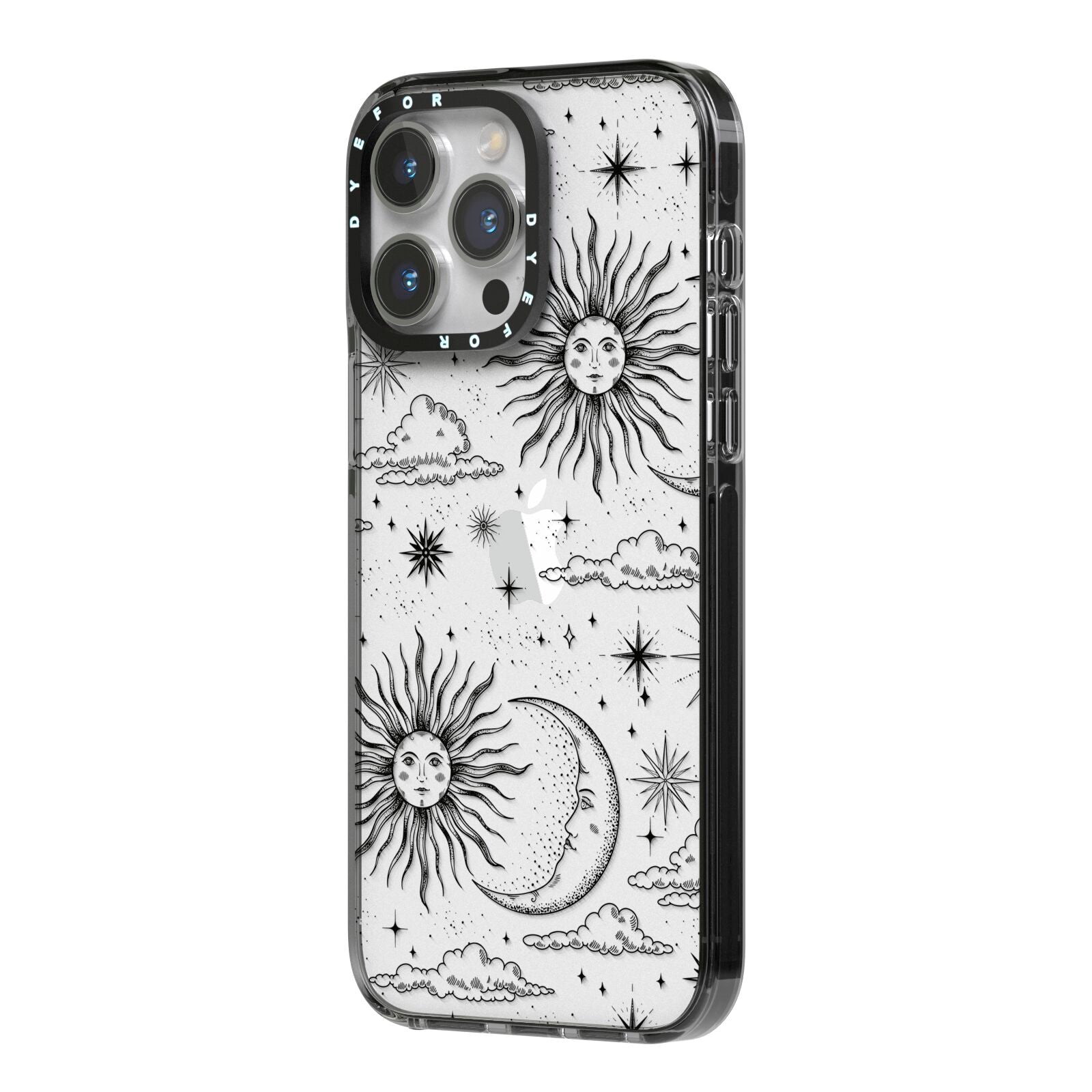 Celestial Suns Clouds iPhone 14 Pro Max Black Impact Case Side Angle on Silver phone