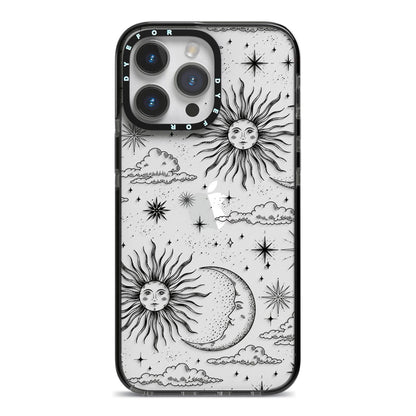 Celestial Suns Clouds iPhone 14 Pro Max Black Impact Case on Silver phone