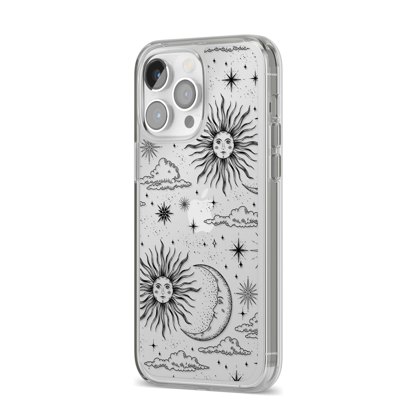 Celestial Suns Clouds iPhone 14 Pro Max Clear Tough Case Silver Angled Image