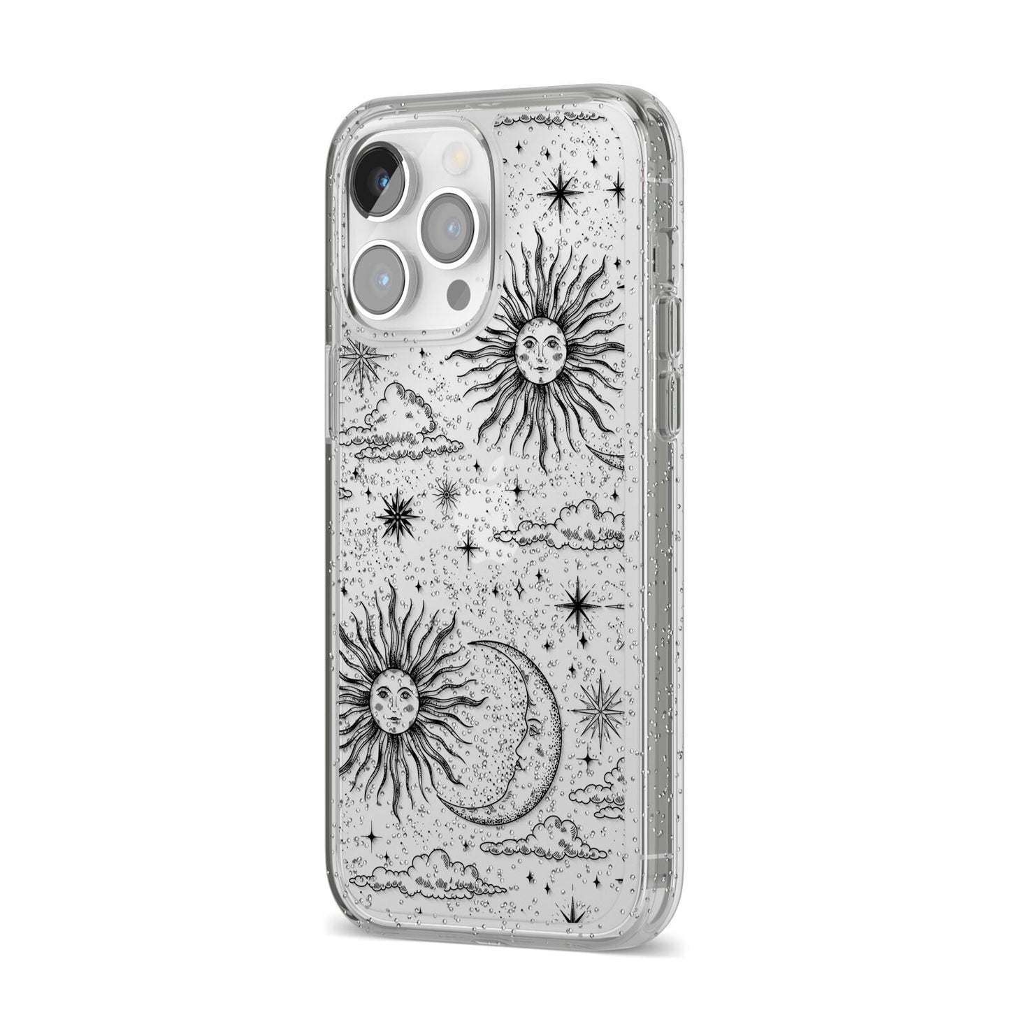 Celestial Suns Clouds iPhone 14 Pro Max Glitter Tough Case Silver Angled Image