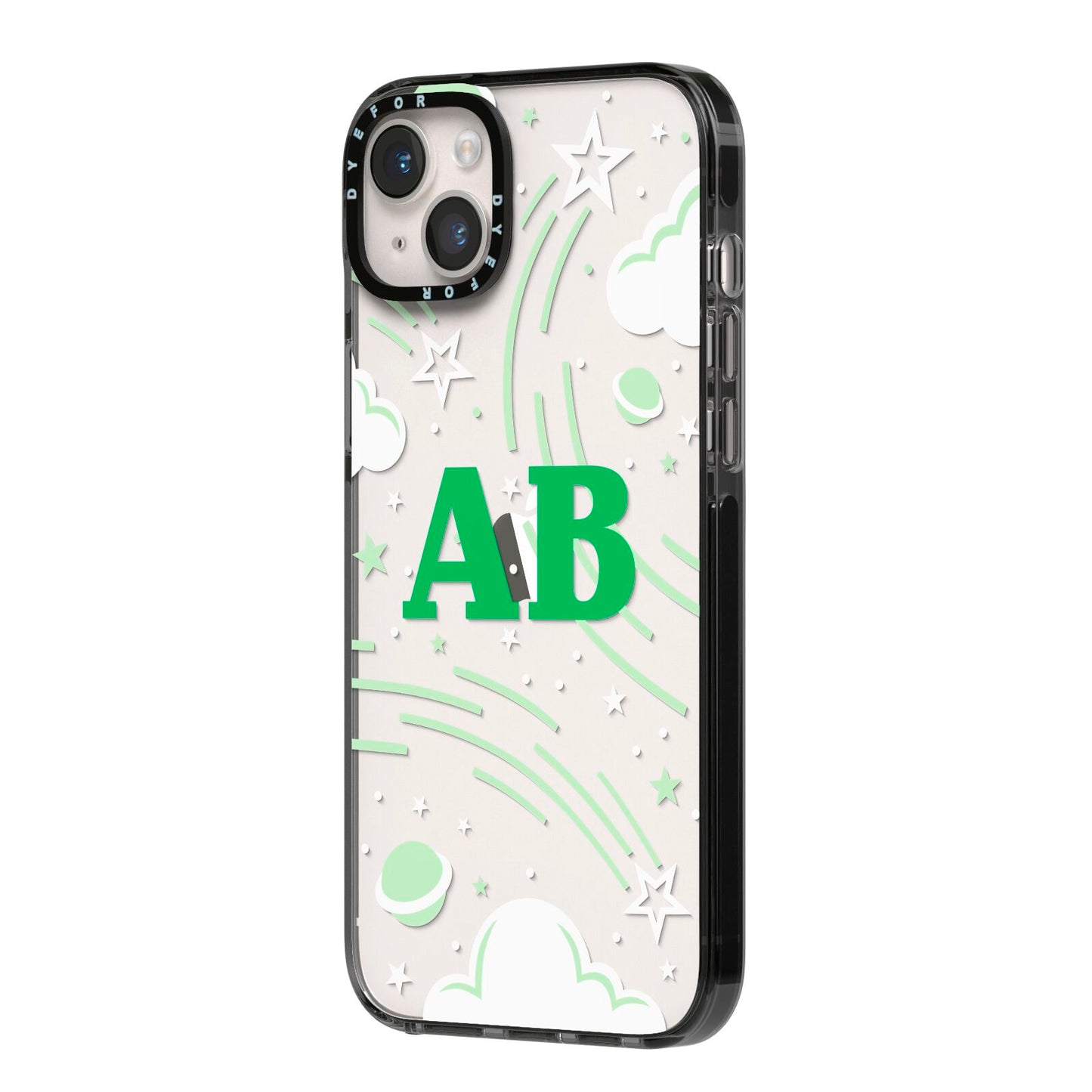 Celestial iPhone 14 Plus Black Impact Case Side Angle on Silver phone