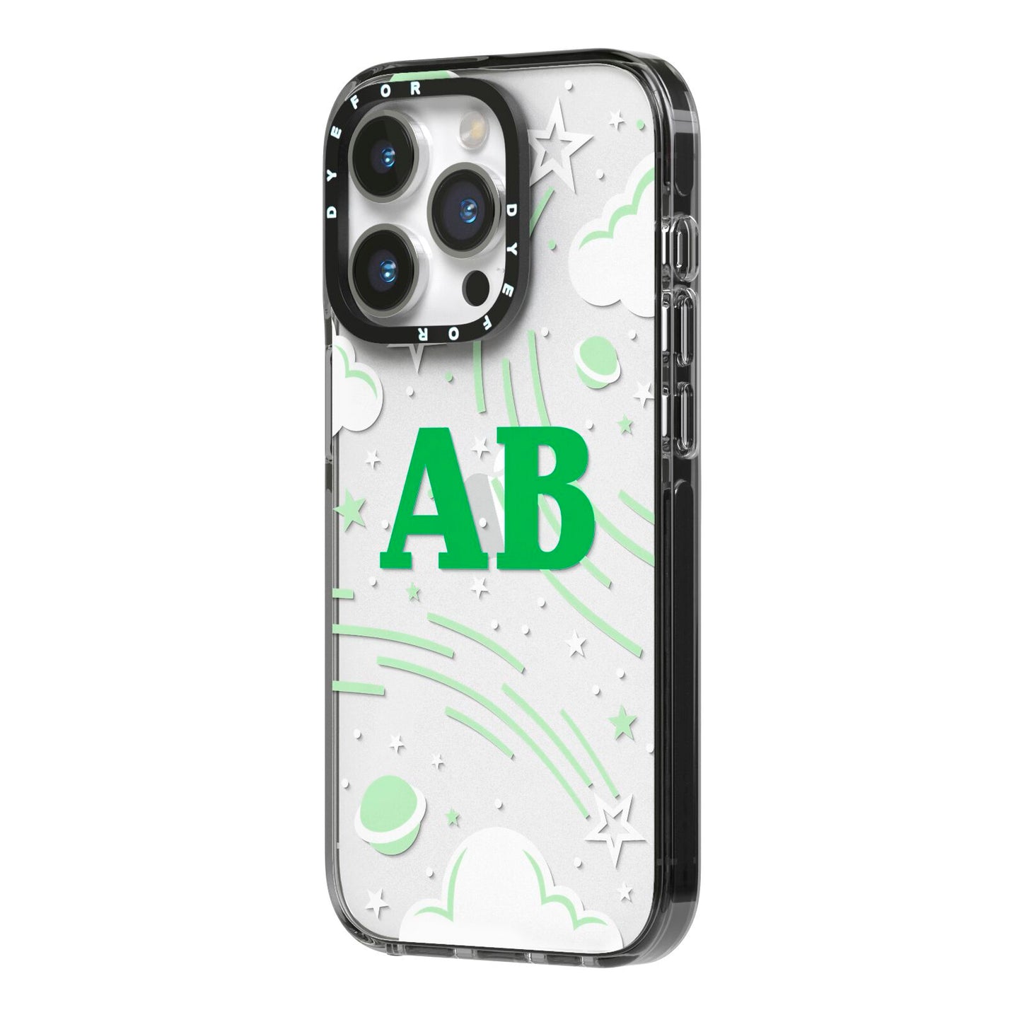 Celestial iPhone 14 Pro Black Impact Case Side Angle on Silver phone