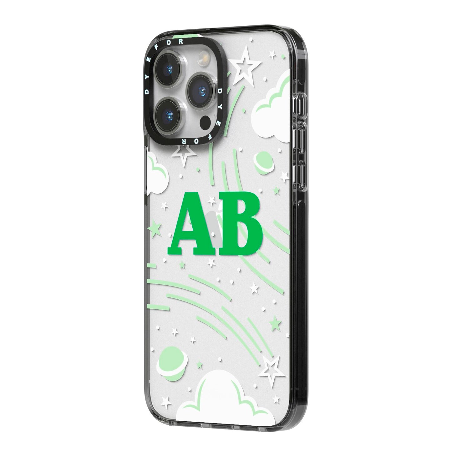 Celestial iPhone 14 Pro Max Black Impact Case Side Angle on Silver phone