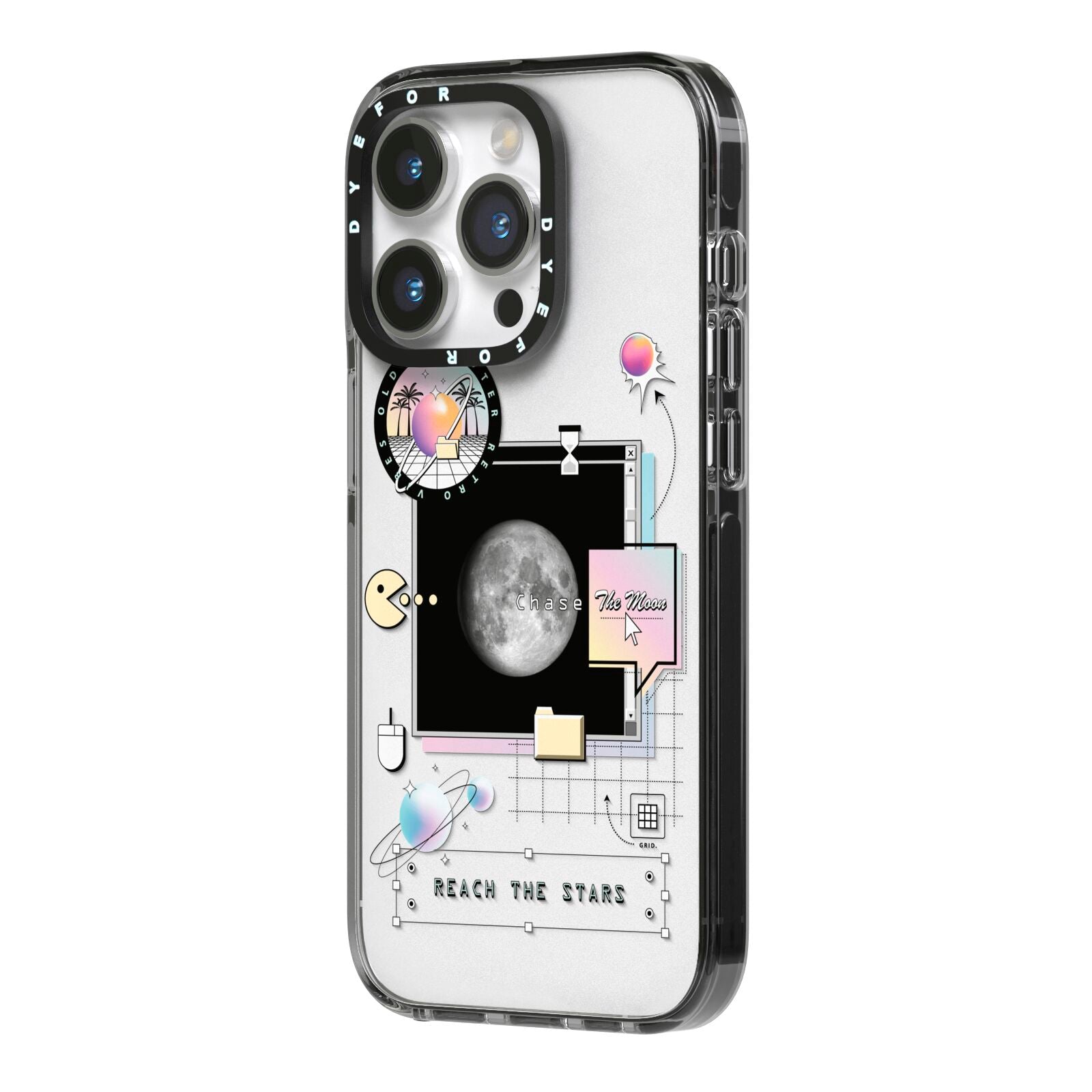 Chase The Moon iPhone 14 Pro Black Impact Case Side Angle on Silver phone