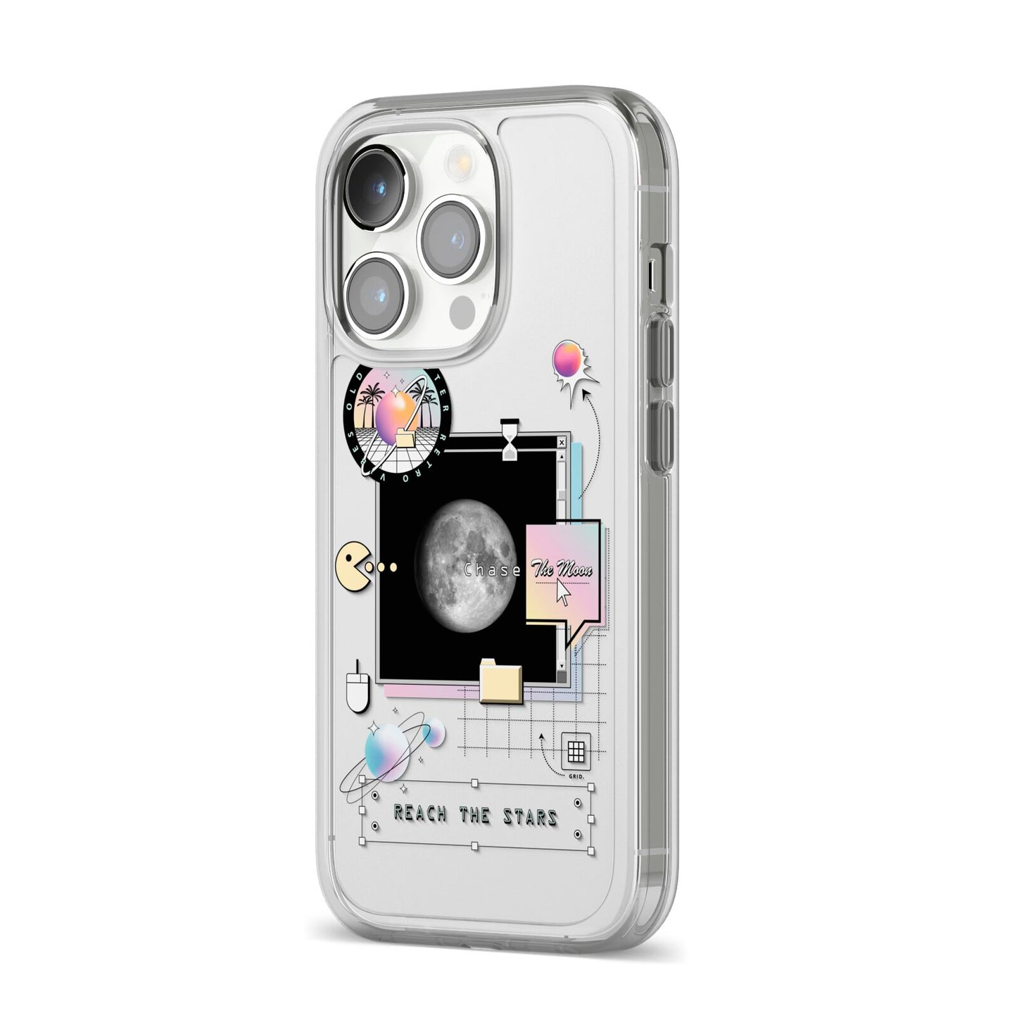 Chase The Moon iPhone 14 Pro Clear Tough Case Silver Angled Image