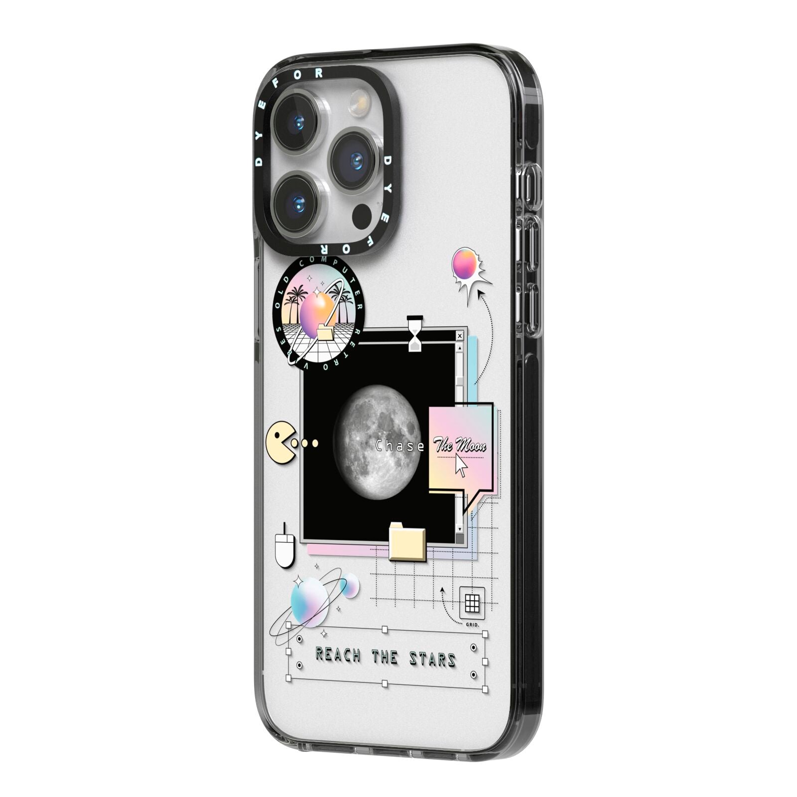Chase The Moon iPhone 14 Pro Max Black Impact Case Side Angle on Silver phone