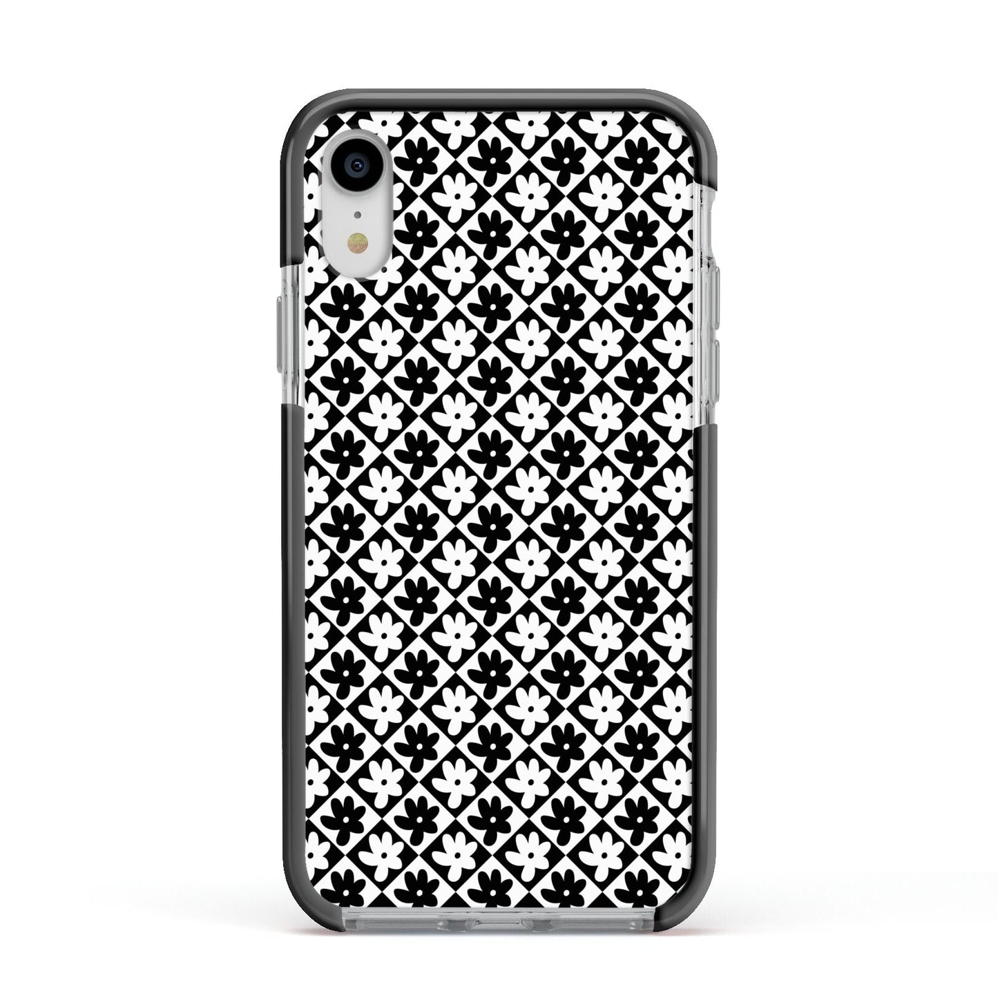 Check Flower Apple iPhone XR Impact Case Black Edge on Silver Phone