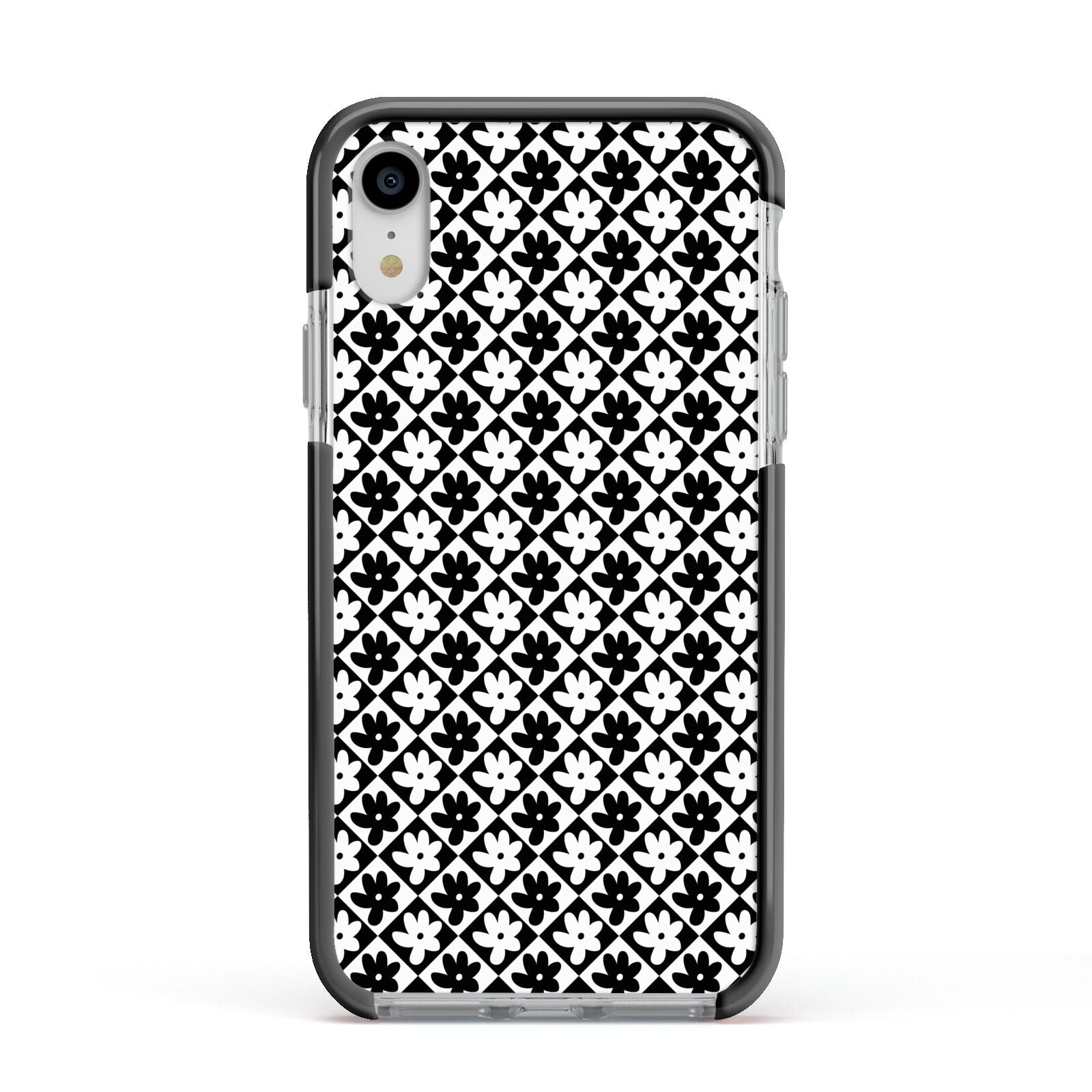 Check Flower Apple iPhone XR Impact Case Black Edge on Silver Phone