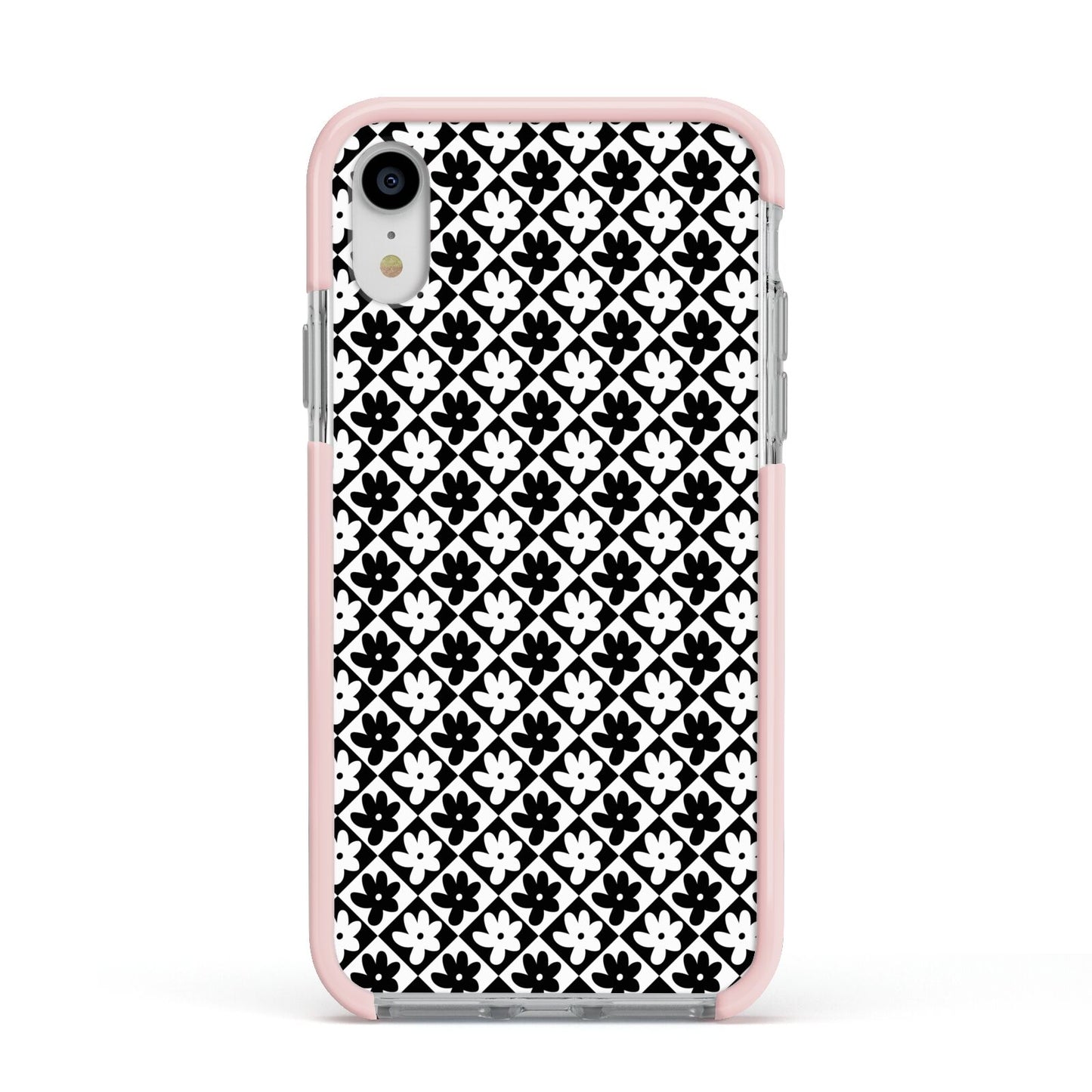 Check Flower Apple iPhone XR Impact Case Pink Edge on Silver Phone