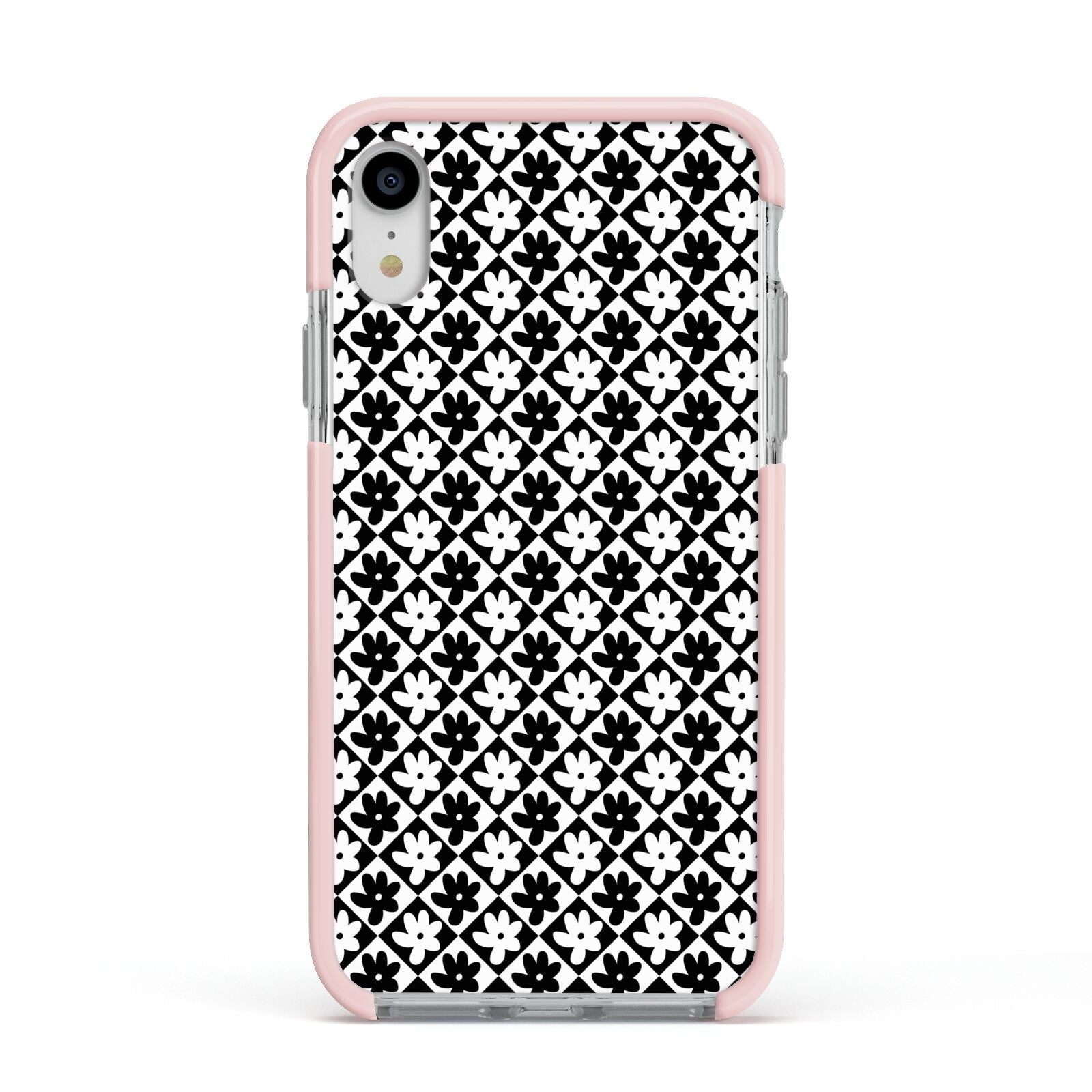 Check Flower Apple iPhone XR Impact Case Pink Edge on Silver Phone