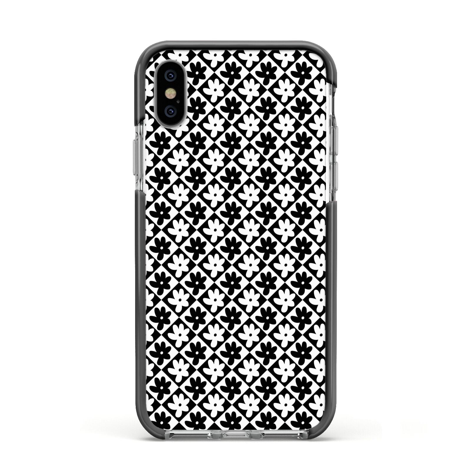 Check Flower Apple iPhone Xs Impact Case Black Edge on Silver Phone