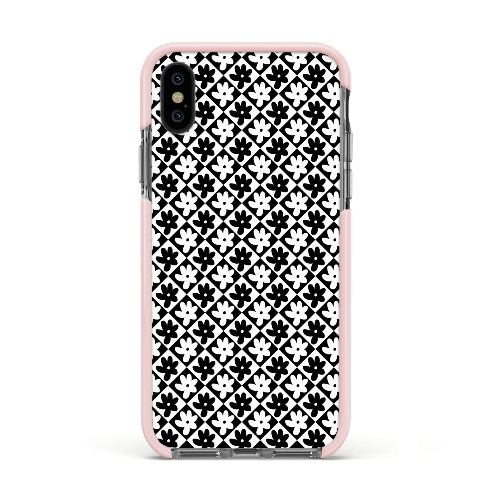 Check Flower Apple iPhone Xs Impact Case Pink Edge on Black Phone