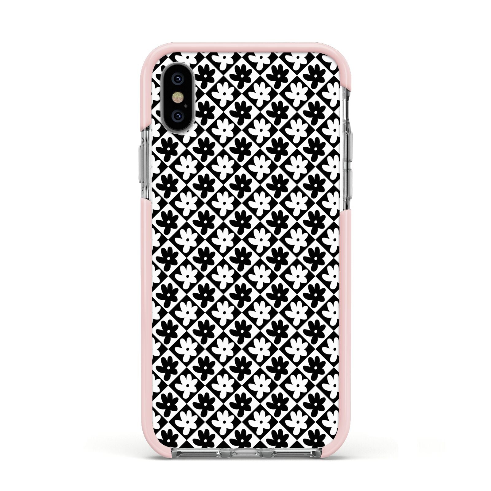 Check Flower Apple iPhone Xs Impact Case Pink Edge on Silver Phone