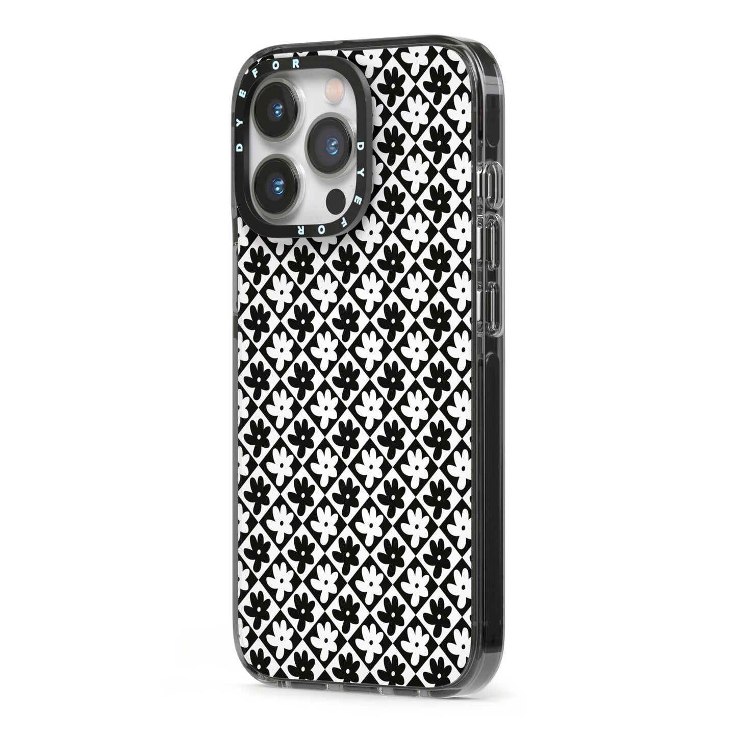 Check Flower iPhone 13 Pro Black Impact Case Side Angle on Silver phone