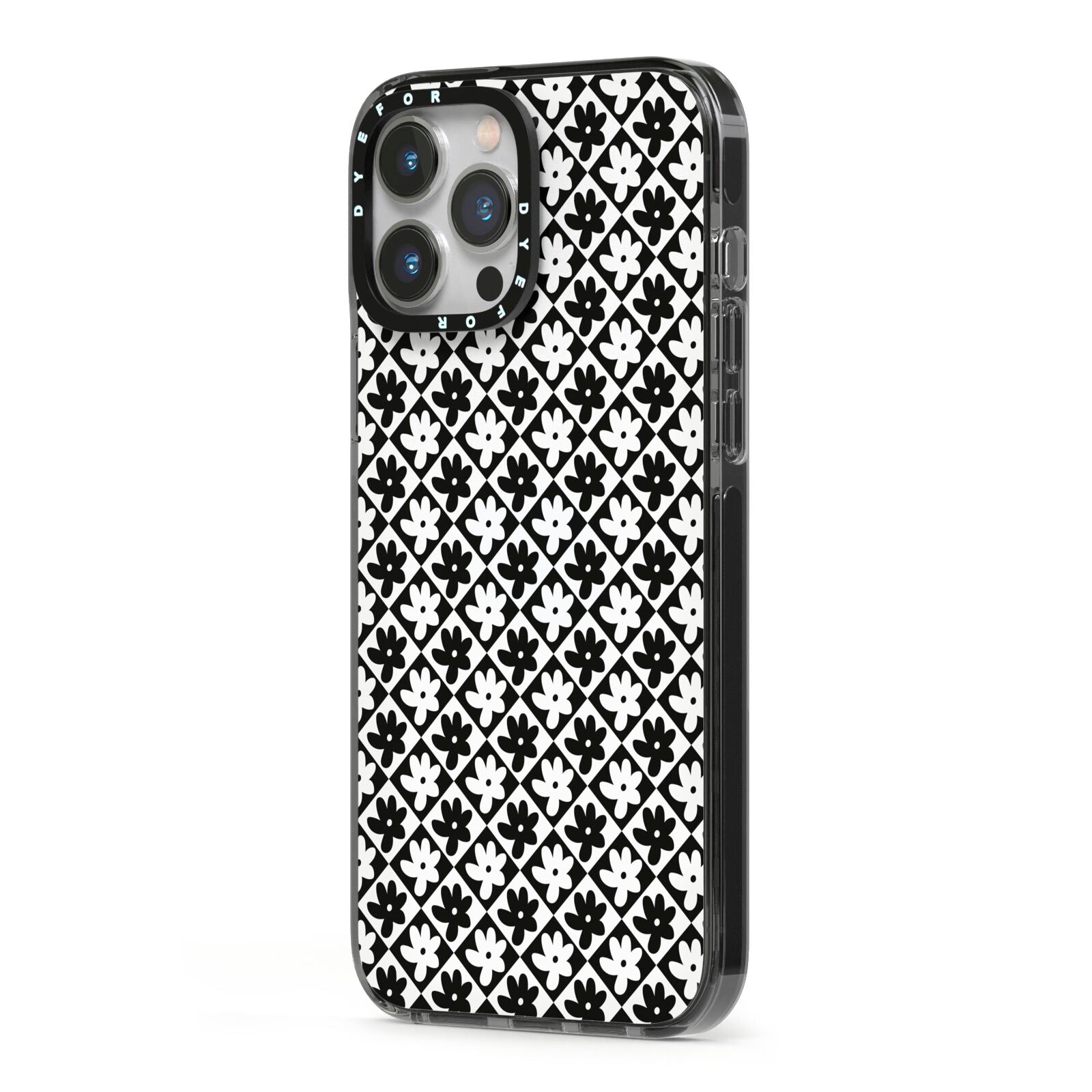 Check Flower iPhone 13 Pro Max Black Impact Case Side Angle on Silver phone