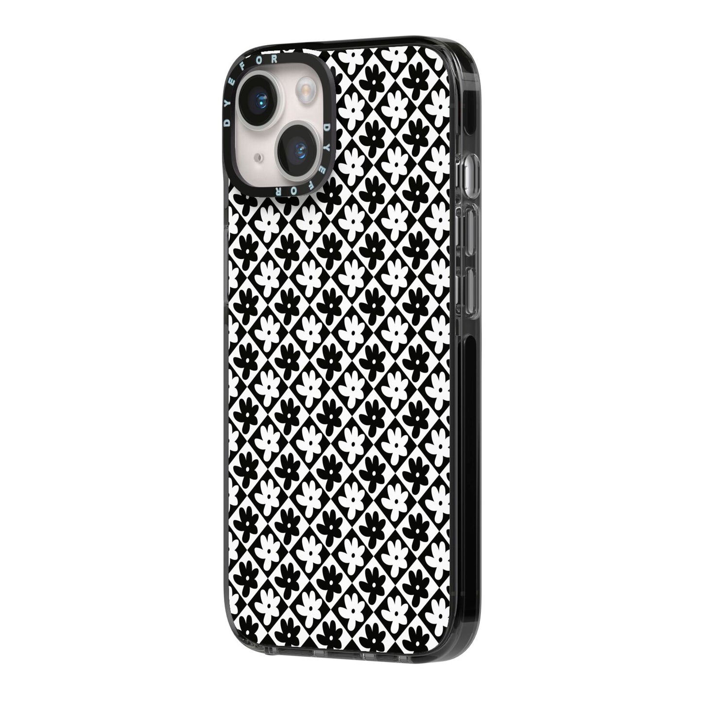 Check Flower iPhone 14 Black Impact Case Side Angle on Silver phone