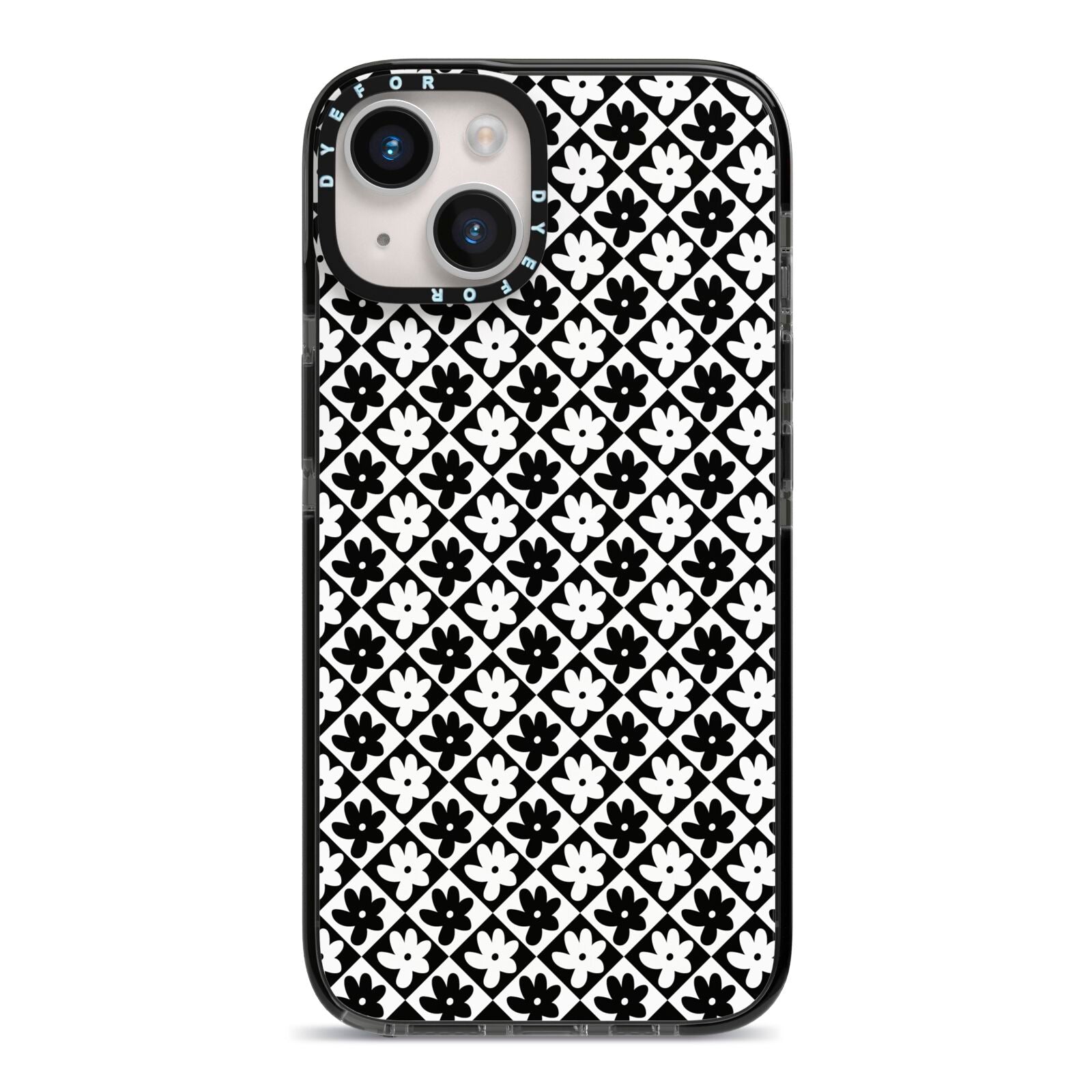 Check Flower iPhone 14 Black Impact Case on Silver phone