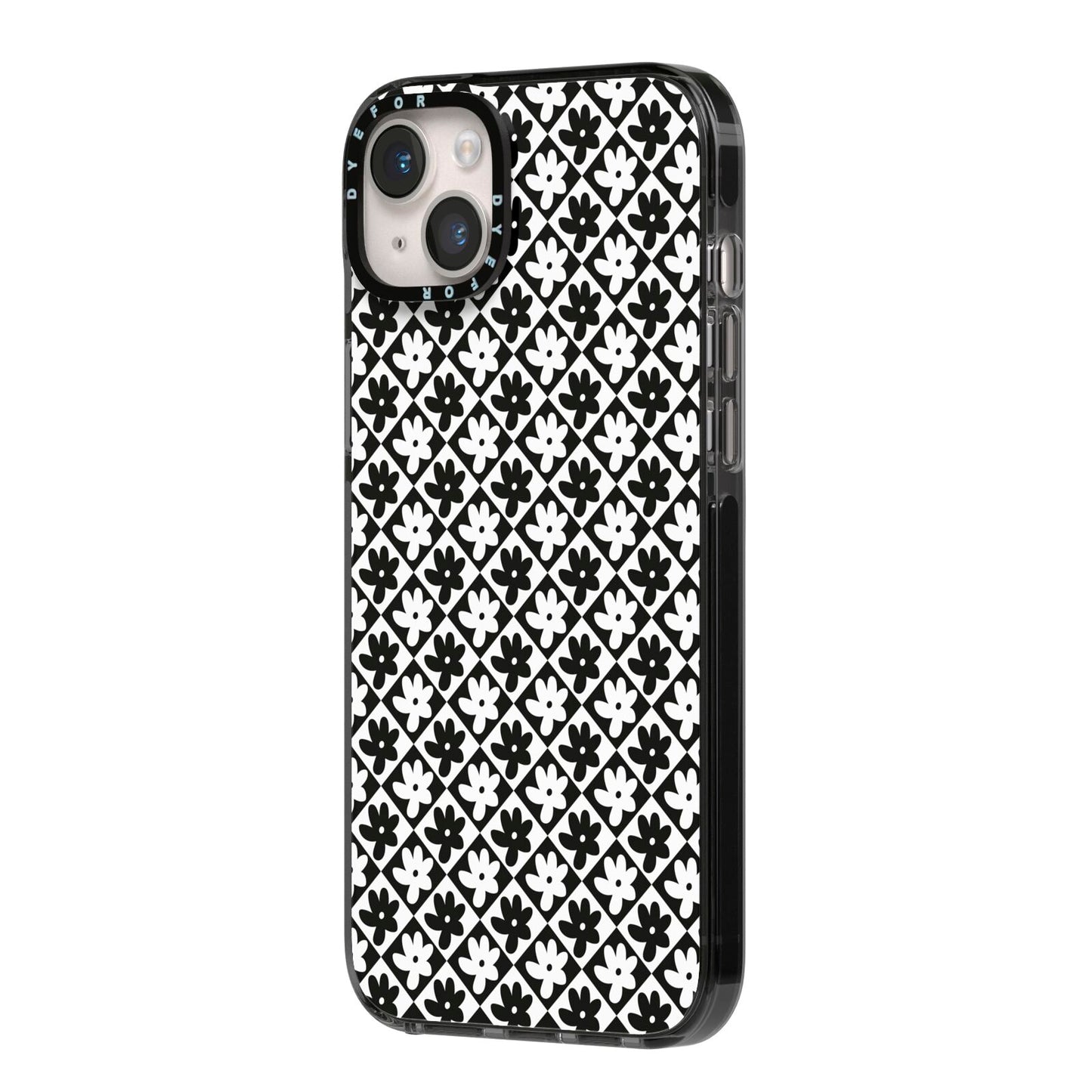 Check Flower iPhone 14 Plus Black Impact Case Side Angle on Silver phone