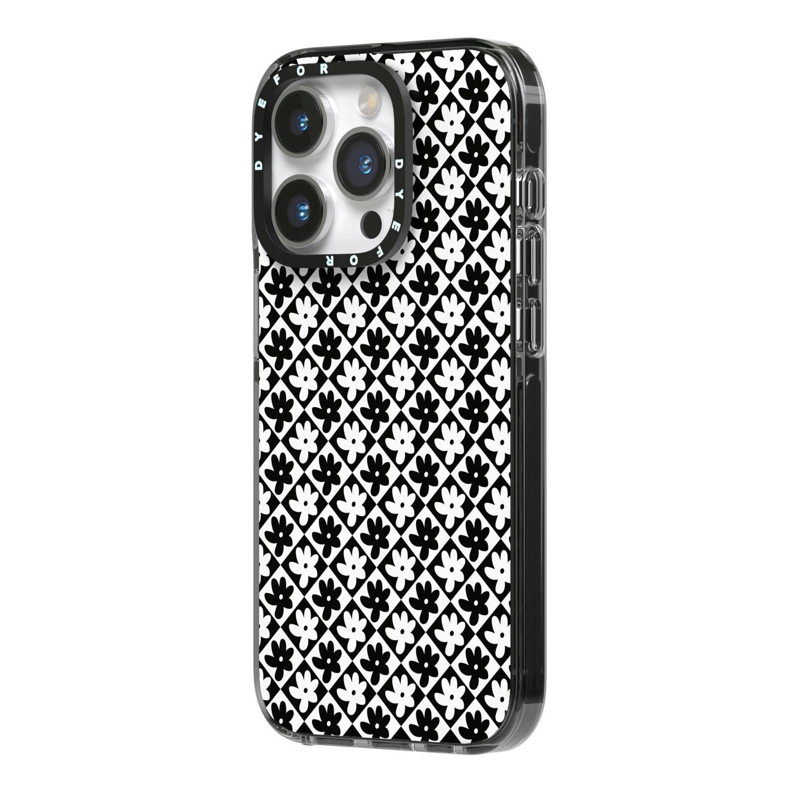 Check Flower iPhone 14 Pro Black Impact Case Side Angle on Silver phone