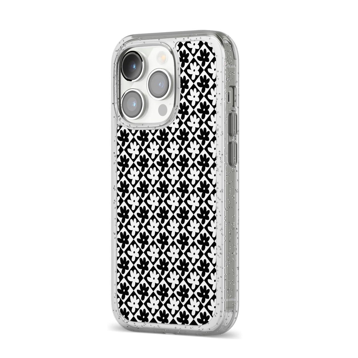 Check Flower iPhone 14 Pro Glitter Tough Case Silver Angled Image