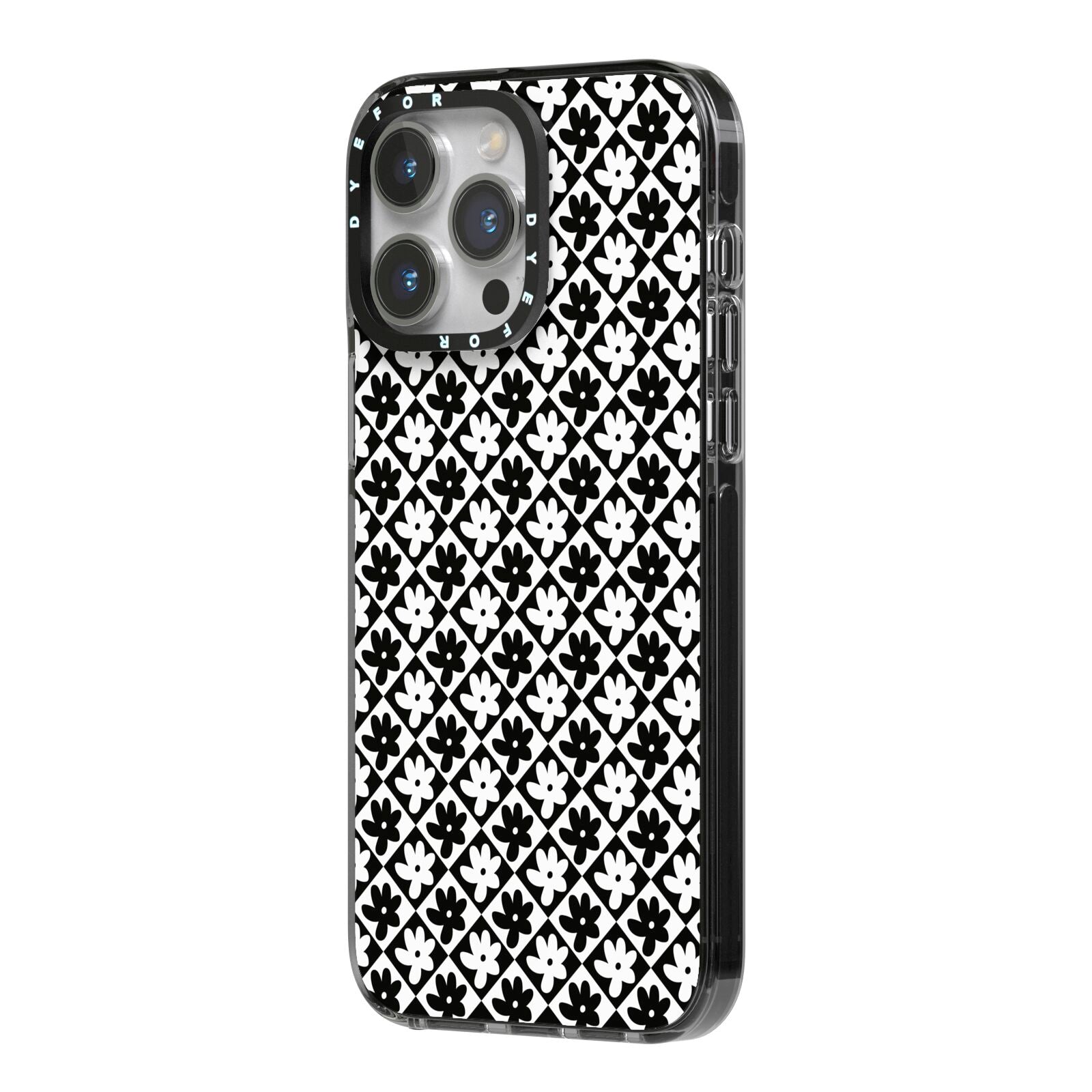 Check Flower iPhone 14 Pro Max Black Impact Case Side Angle on Silver phone