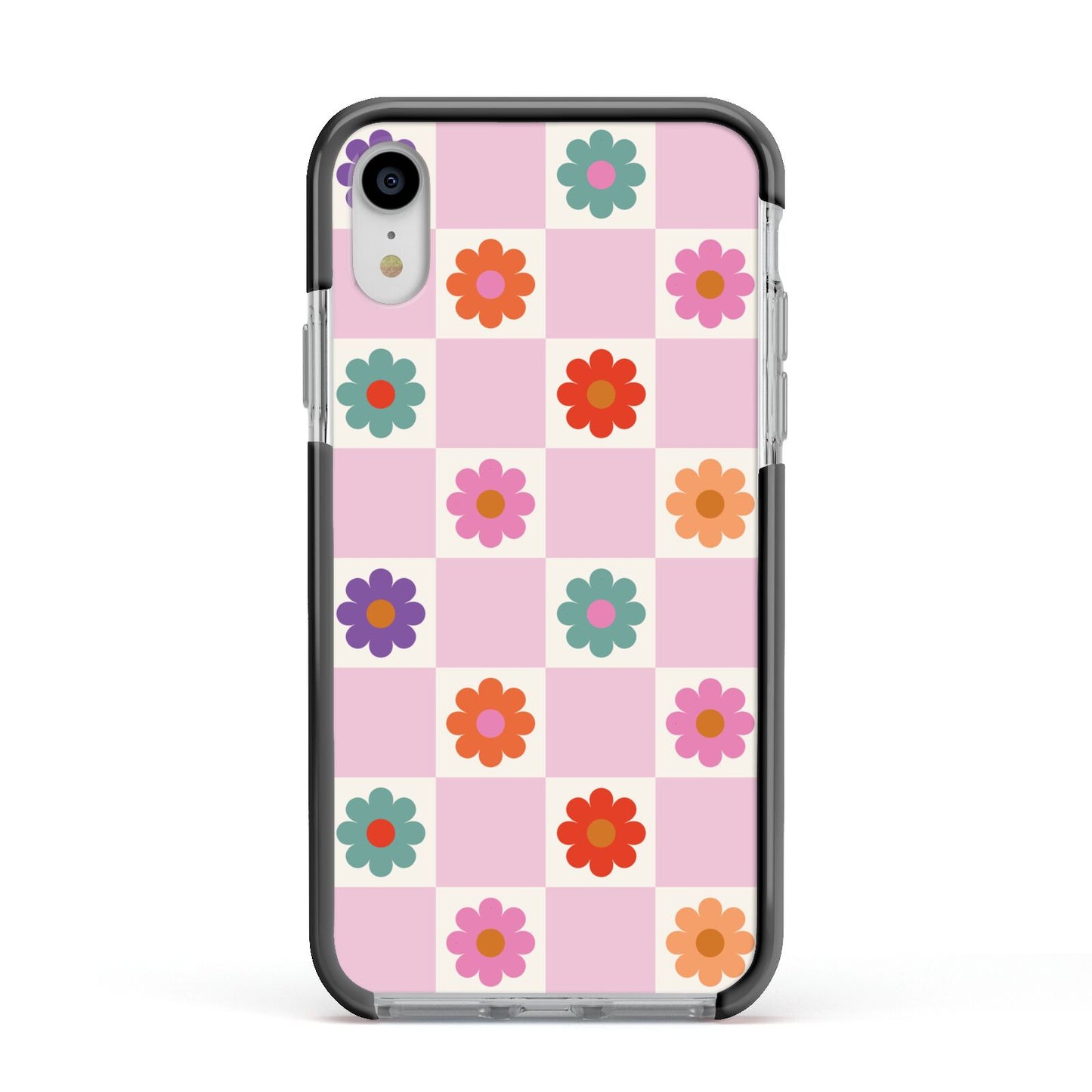 Checked flowers Apple iPhone XR Impact Case Black Edge on Silver Phone