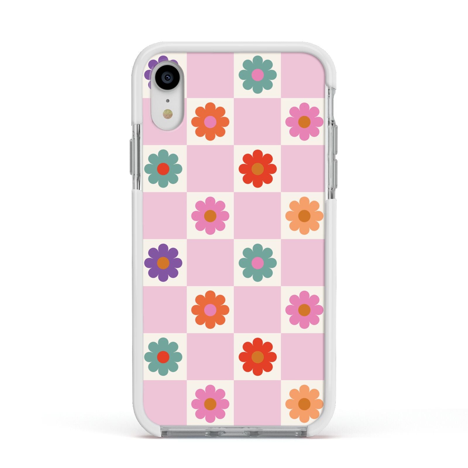 Checked flowers Apple iPhone XR Impact Case White Edge on Silver Phone