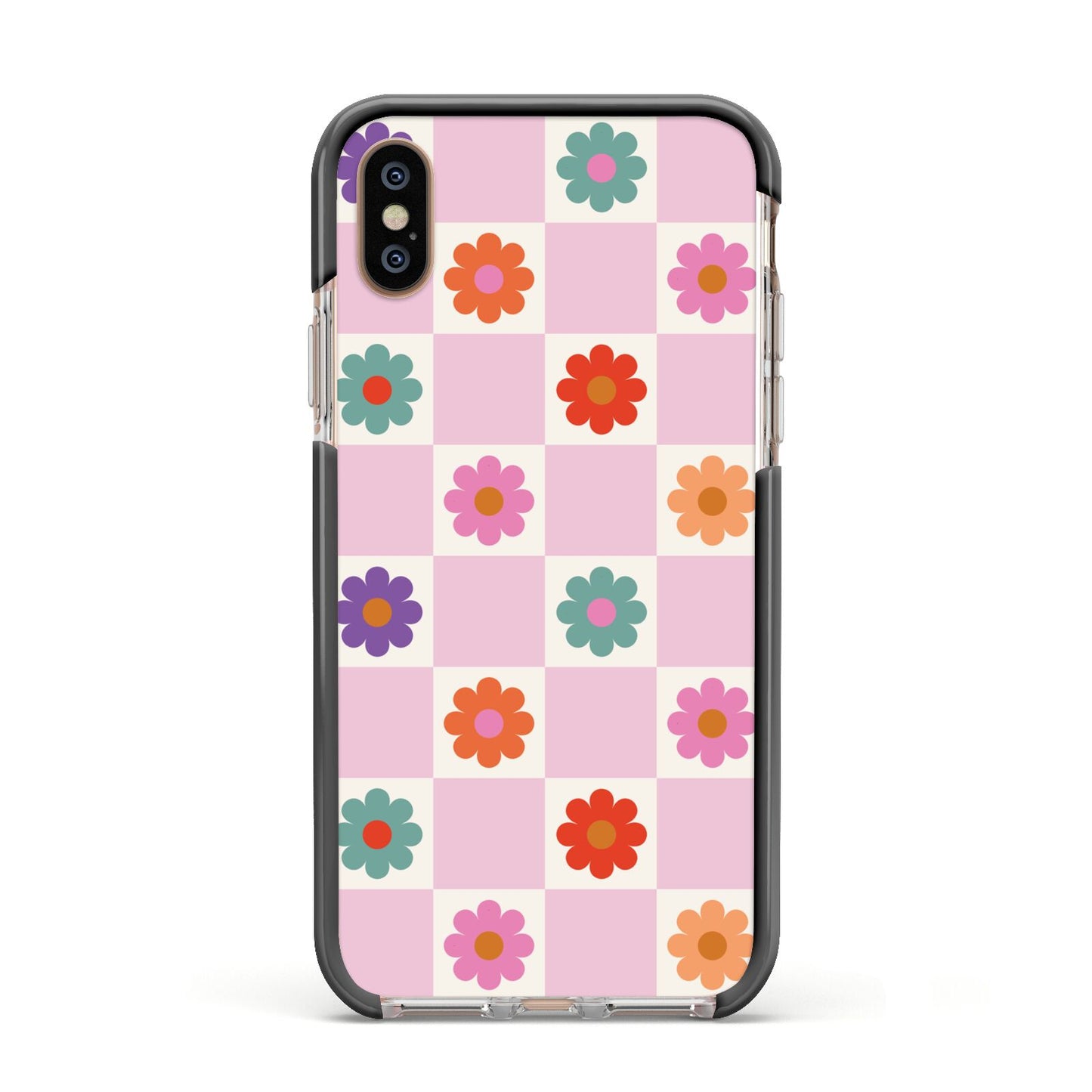 Checked flowers Apple iPhone Xs Impact Case Black Edge on Gold Phone