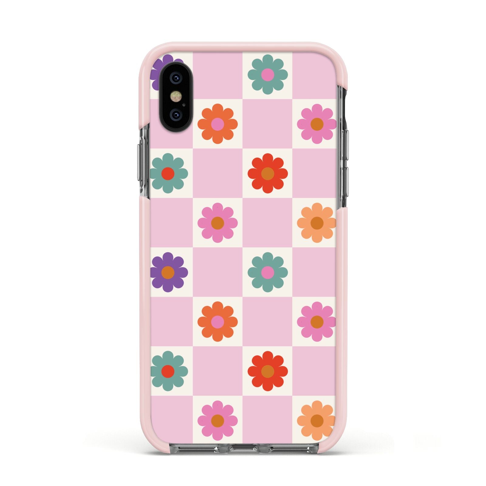 Checked flowers Apple iPhone Xs Impact Case Pink Edge on Black Phone