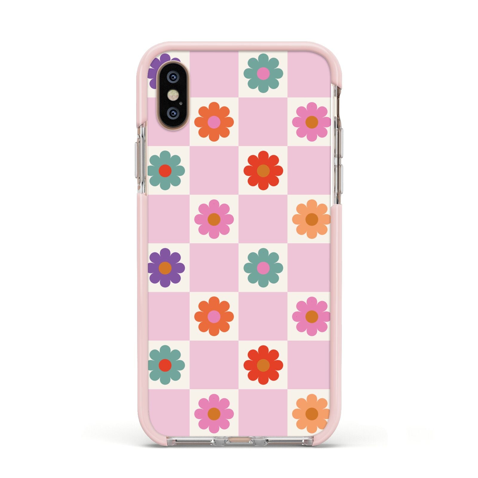 Checked flowers Apple iPhone Xs Impact Case Pink Edge on Gold Phone