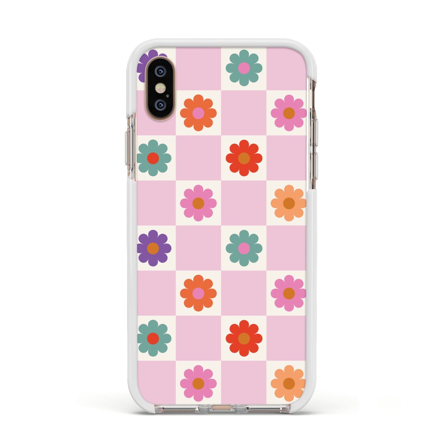 Checked flowers Apple iPhone Xs Impact Case White Edge on Gold Phone
