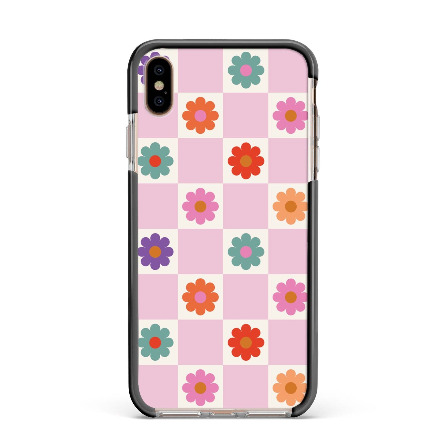 Checked flowers Apple iPhone Xs Max Impact Case Black Edge on Gold Phone