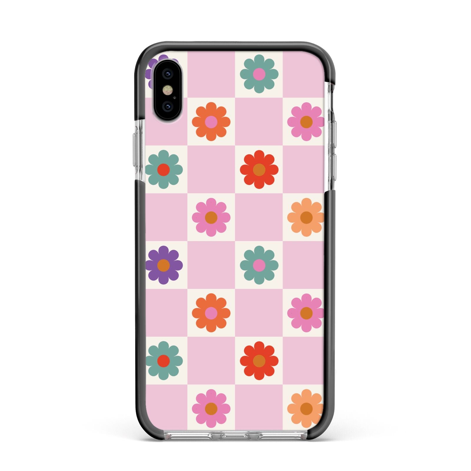 Checked flowers Apple iPhone Xs Max Impact Case Black Edge on Silver Phone