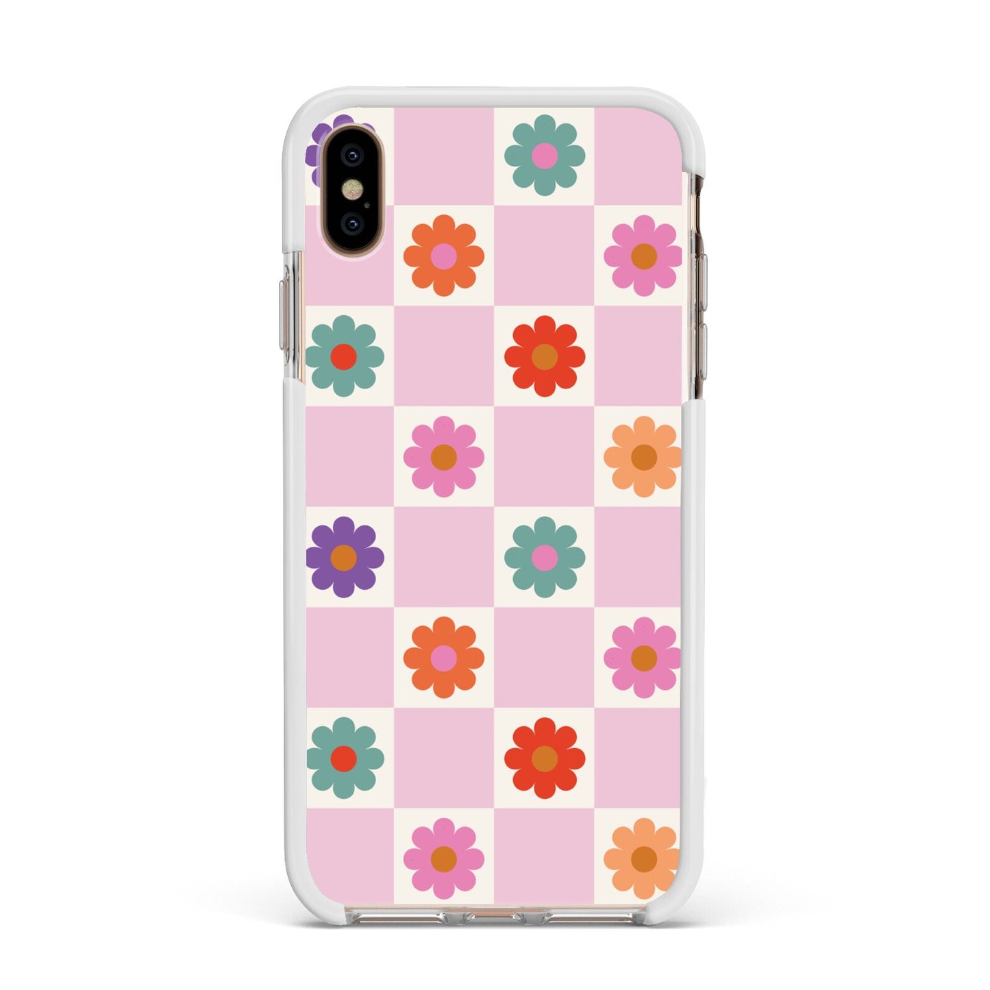 Checked flowers Apple iPhone Xs Max Impact Case White Edge on Gold Phone